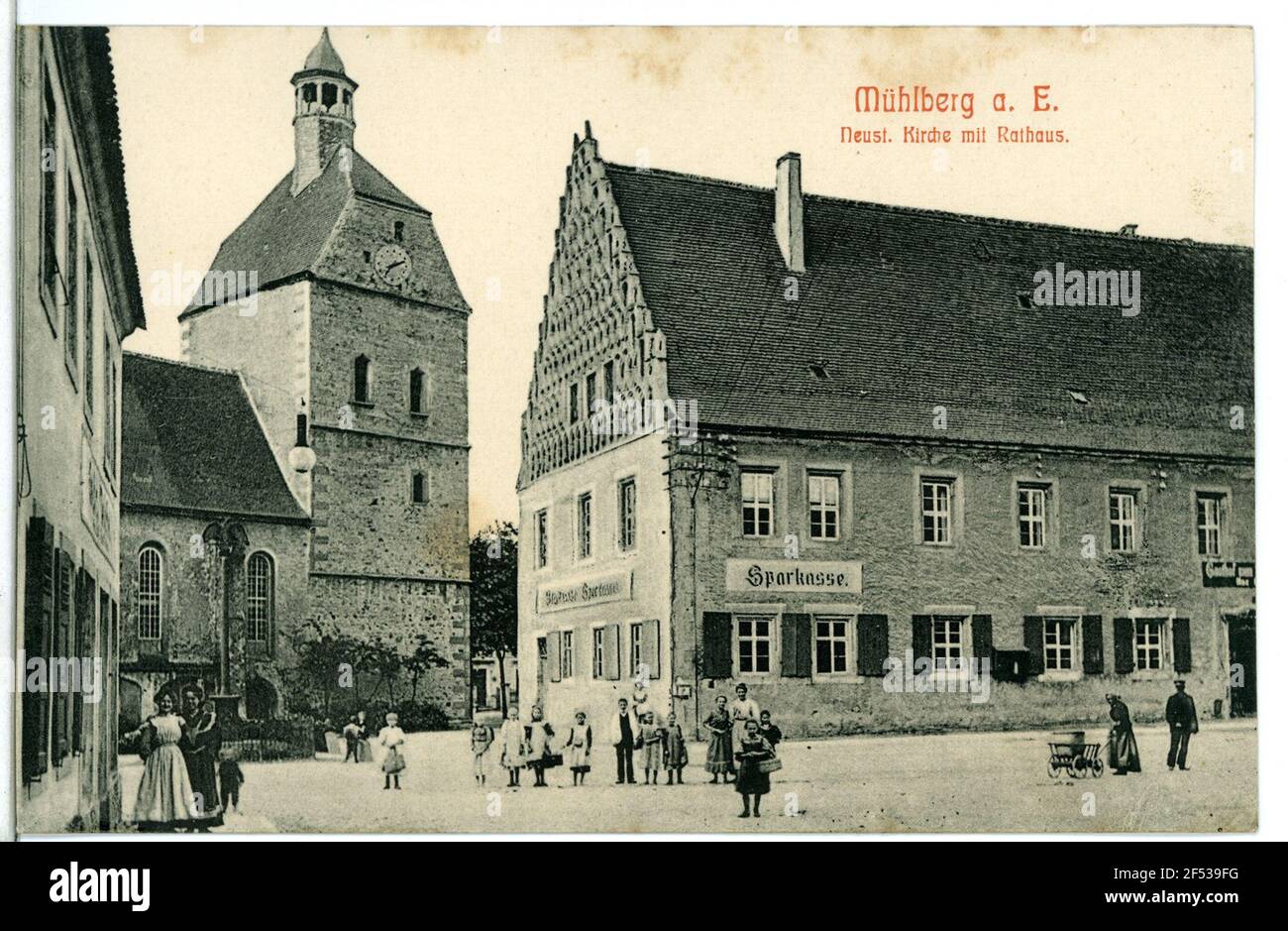 Neustädter Kirche mit Rathaus Mühlberg / Elbe. Neustädter Kirche mit Rathaus Stockfoto