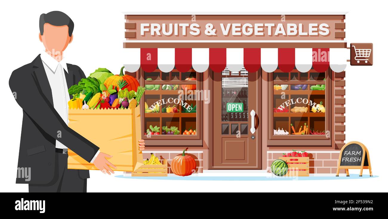 Obst- und Gemüseladen Fassade mit Mann Stock Vektor
