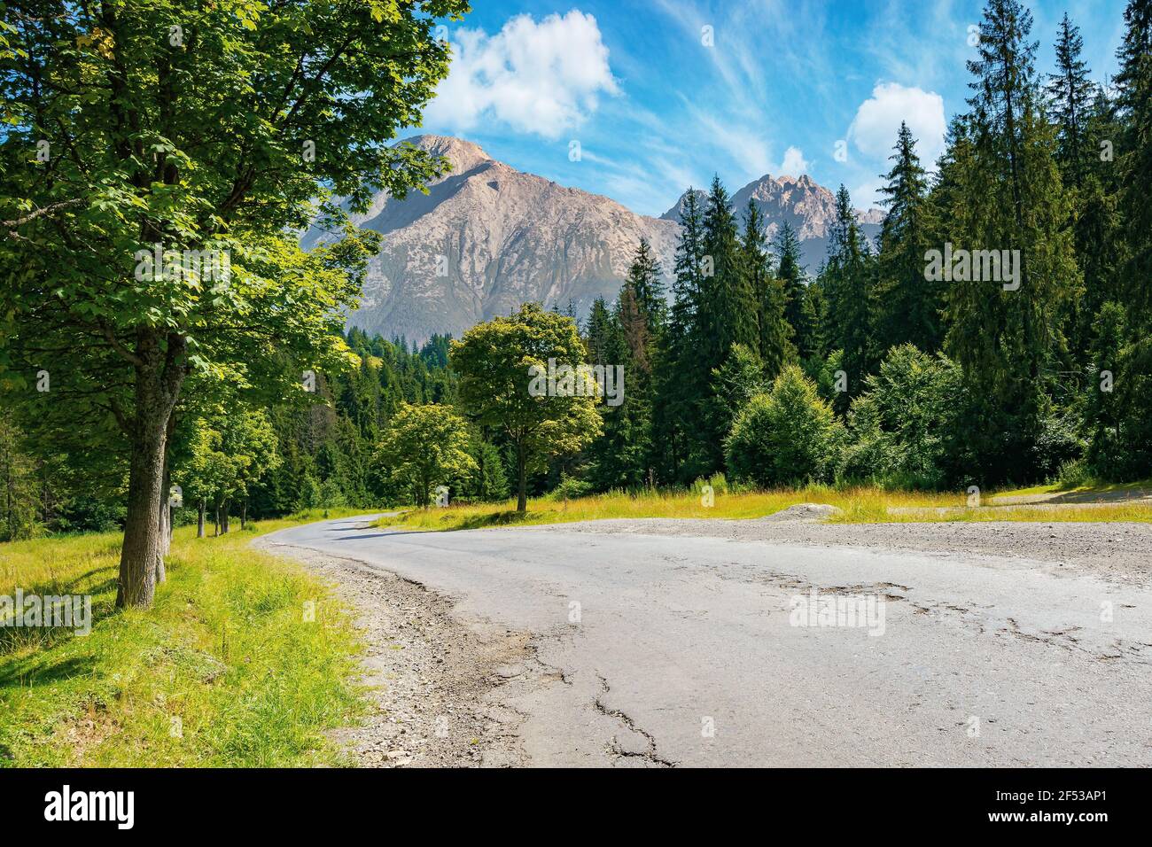 Asphaltstraße durch bewaldete Berge. Schöne Landschaft Transport Hintergrund. Composite-Landschaft mit hohen tatra Kamm in der Ferne. S Stockfoto