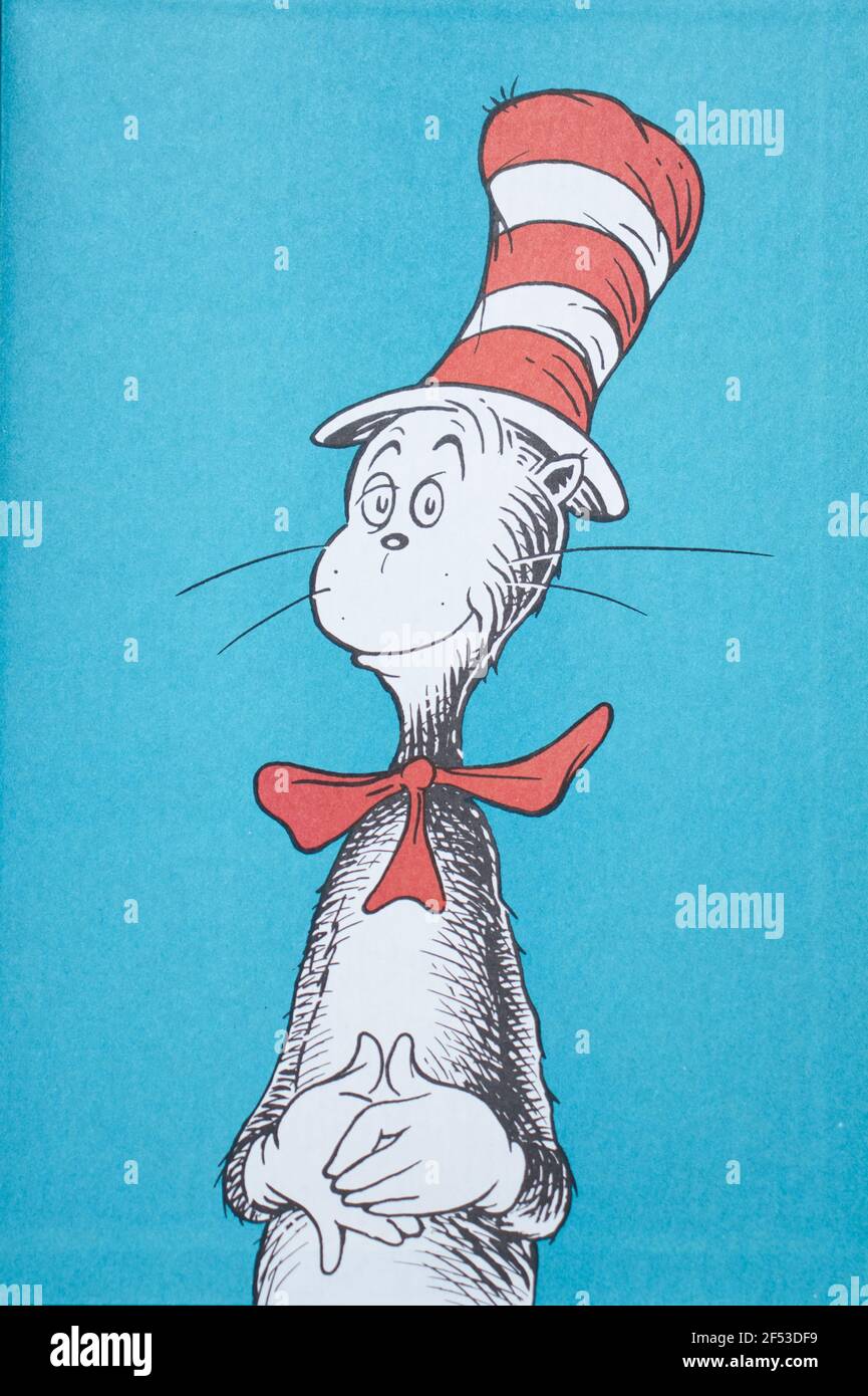 Die Katze im Hut auf einer blauen Seite in einem Dr. Seuss Buch. Stockfoto