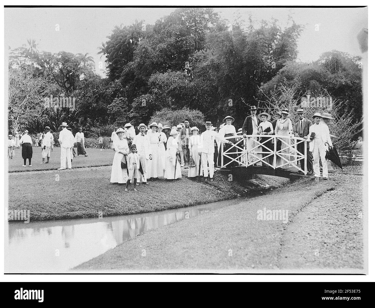 Buitenzorg (Bogor), Java / Indonesien. Botanischer Garten (1817, K. G. K. Reinwardt). Hapag Touristengruppe auf einem Steg bei Lotustich, Links Lokal Stockfoto
