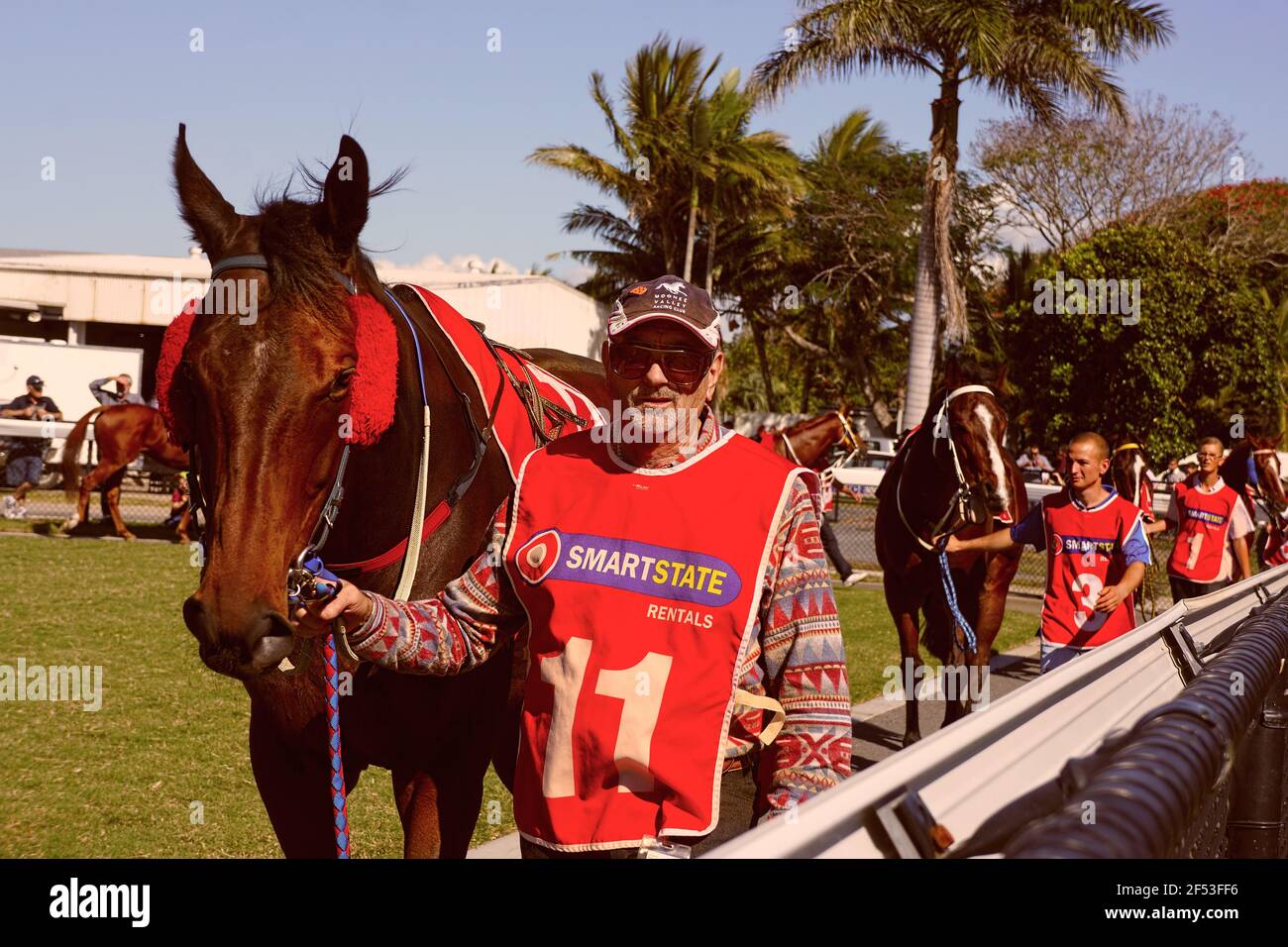 Strappers führende Rennpferde vor dem Start eines Country Race Meeting in Queensland, Australien. Stockfoto