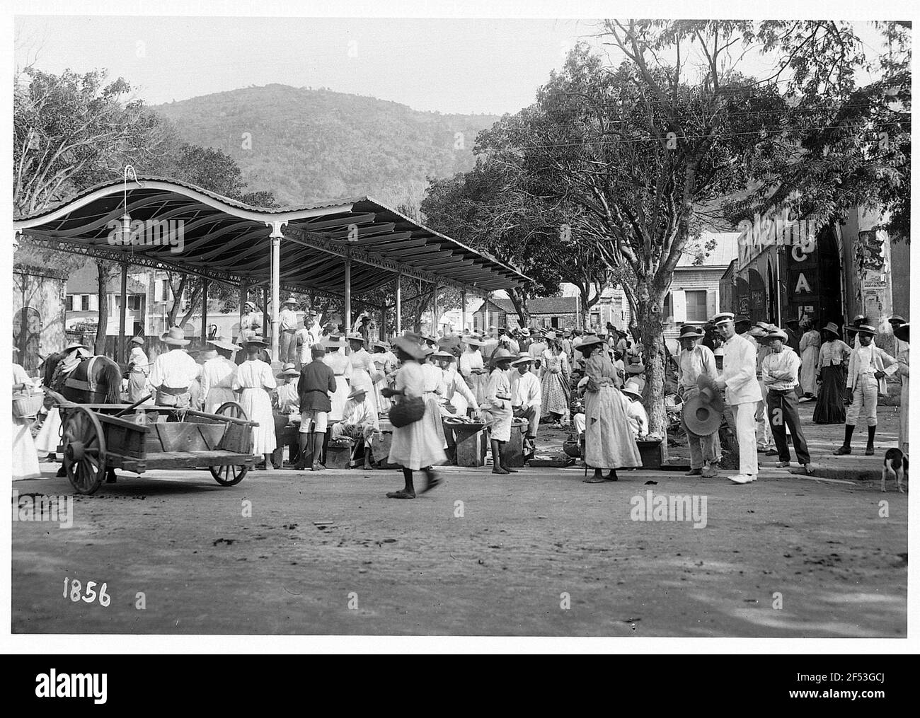 St. Thomas, Jungferninseln. Markt. Stände, teilweise überdacht, zwischen zahlreichen Passanten Stockfoto