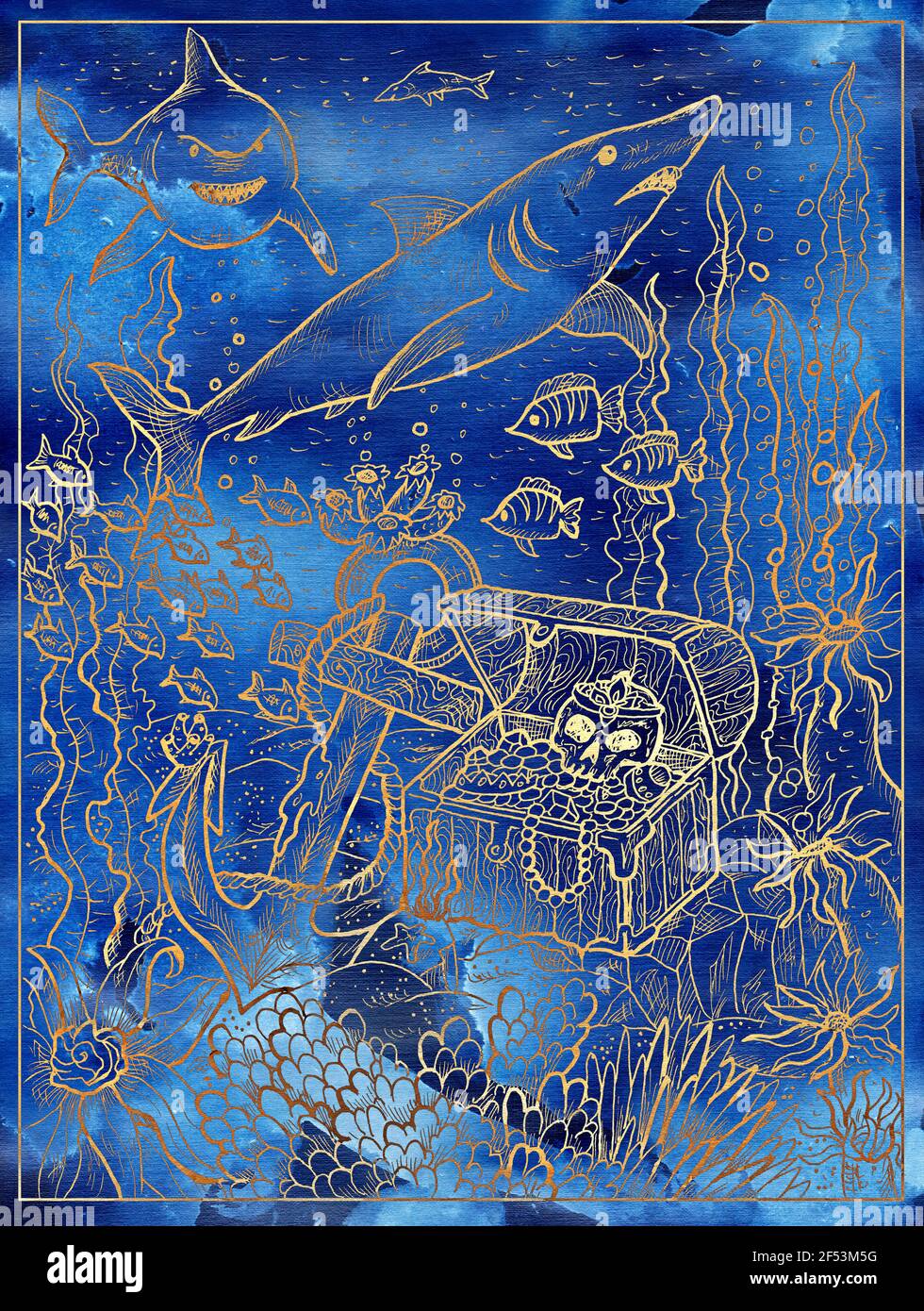 Blaue Marine-Illustration mit Schatzkiste auf Meeresboden, Haien und altem Anker. Nautische Zeichnungskarte oder Poster, Abenteuer-Konzept, graviert hintergr Stockfoto