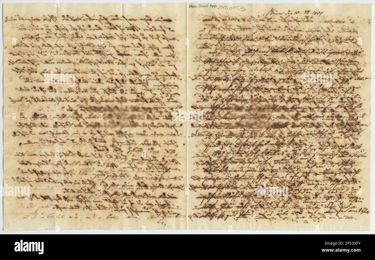 Brief von Friedrich Teck an August Wilhelm Schlegel, vorne und hinten Stockfoto