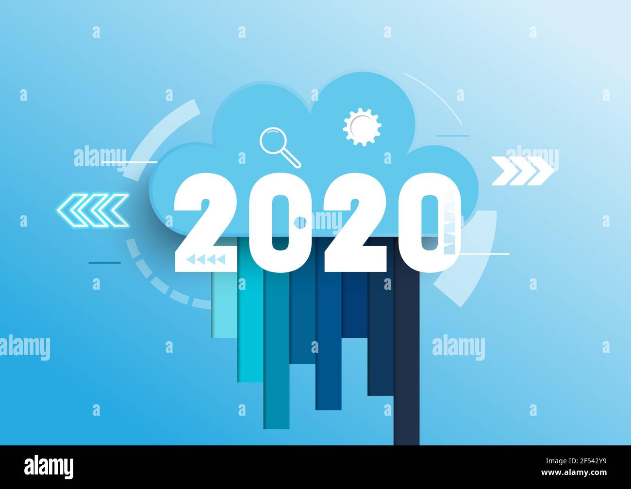 Infografik Konzept 2020 Jahr. Aktuelle Trends, Interessenten in den Bereichen Cloud-Computing-Services und -Technologien, Big Data-Speicherung und Kommunikation. Vektordarstellung Stock Vektor
