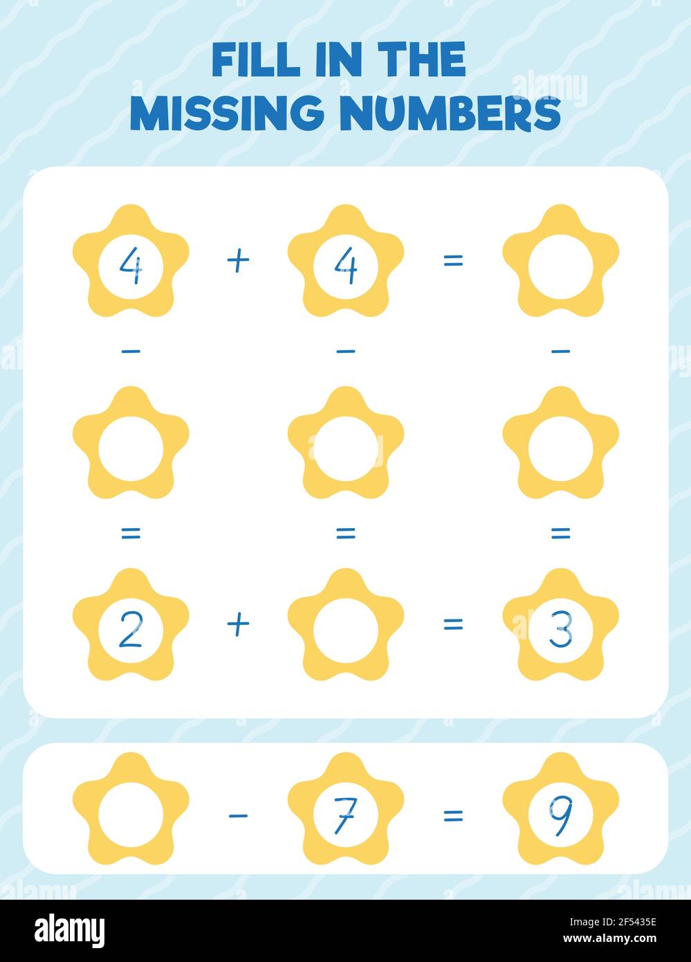 Geben Sie die fehlenden Zahlen ein. Druckbare Übungsseite für mathematische Arbeitsblätter. Zählen und Schreiben. Stock Vektor