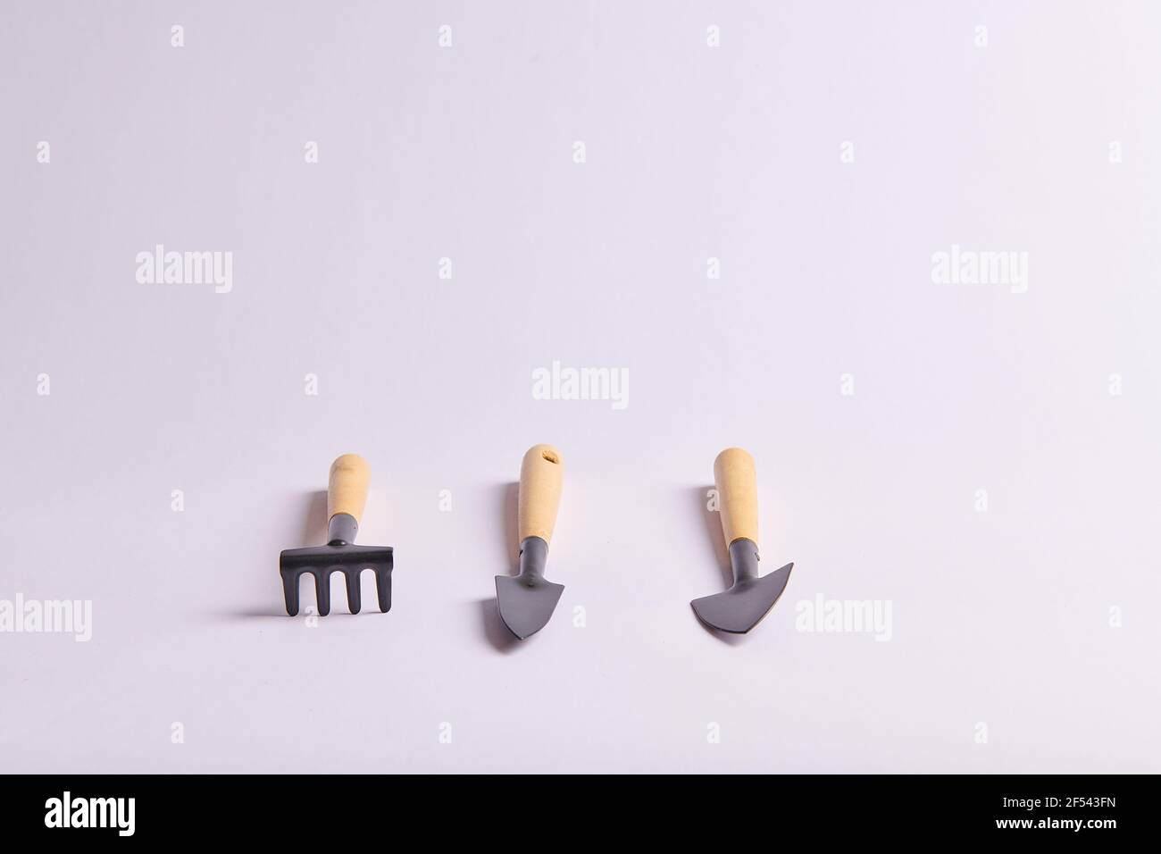 Drei Schaufeln und ein Rechen zum Aussaat von Samen in Töpfe Stockfoto