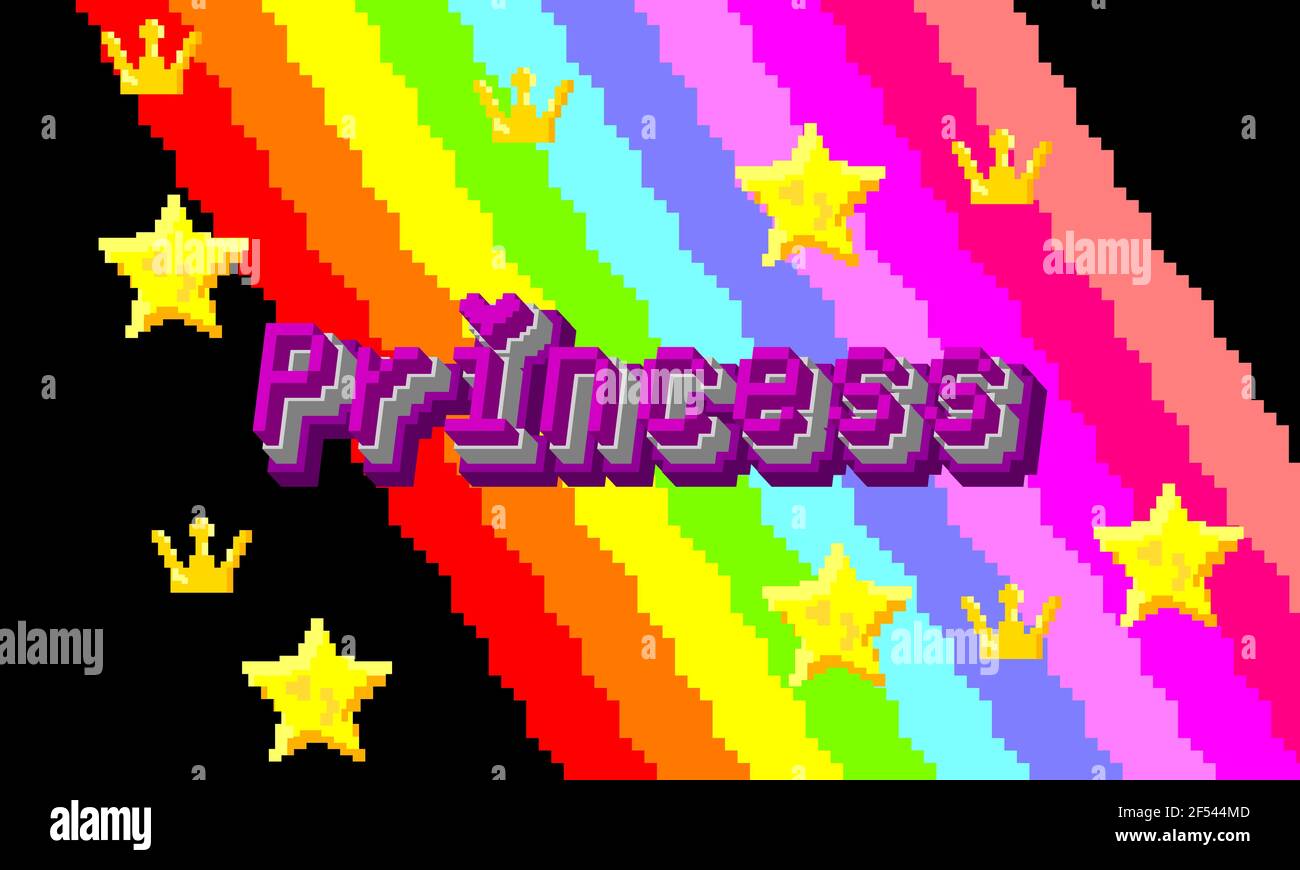 Prinzessin Pixel Kunst Kalligraphie Schriftzug. Retro Video Spiel Stil Druck für Kinder oder Babys T-Shirt-Design, Raumdekoration. Vektorgrafik. Stock Vektor