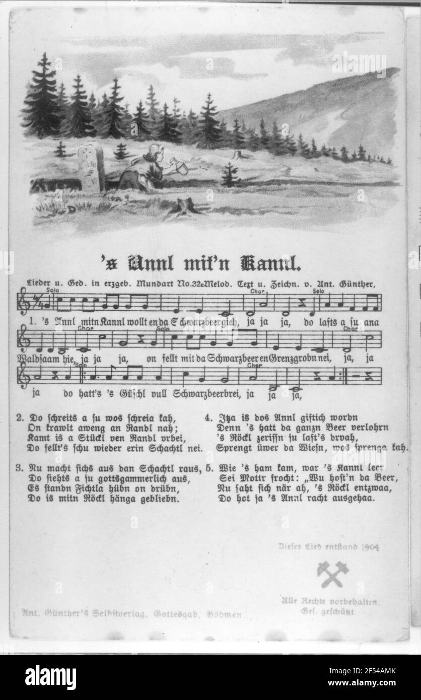 Liedpostkarte ''s Annl With'n Kannl'. Text, Melodie und Titelzeichnung von Anton Günther in Eigenveröffentlichung, Gott 1904 Stockfoto