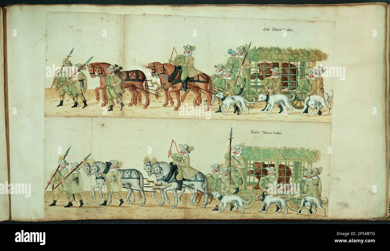 Bretschneider, Daniel d. Ä.: Hunter Aufzug. Jäger mit Gießen, zwei vierpostige Autos mit Bärenkäfigen und Hundeführer. 27. Teil, Blatt 64 Off: Abstract und Verzeichnis aller Erfindungen und Aufzüge, die bei Fastnachten Anno 1609 im Kurfürstl. Burg zu Dresden wurden aufgeführt. Deckel; ca. 289 x 527 mm. Dresden: Slub mscr.dresd.j,18 Stockfoto