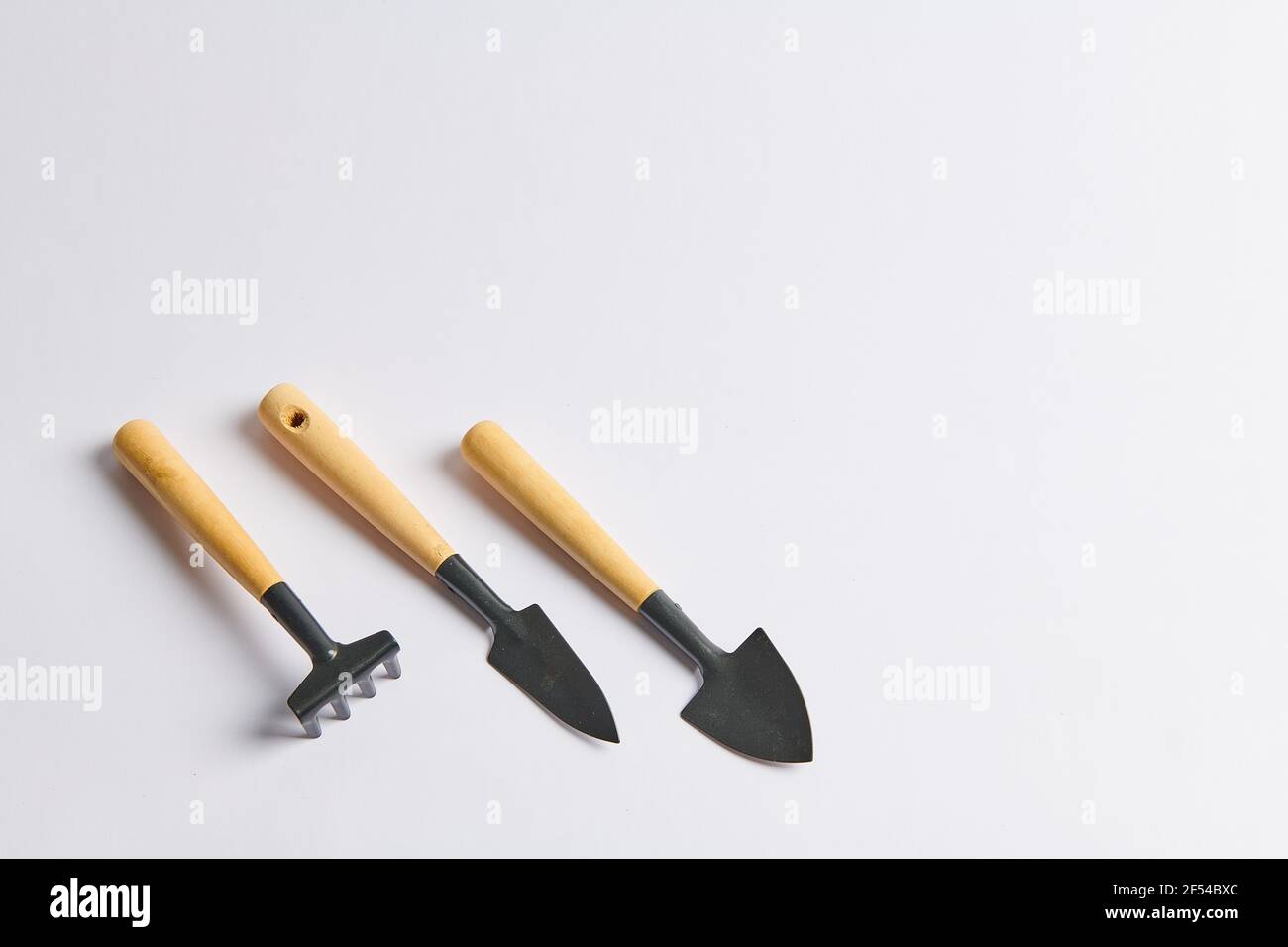 Schaufeln und Rechen für das Pflanzen von Samen in Töpfe Stockfoto