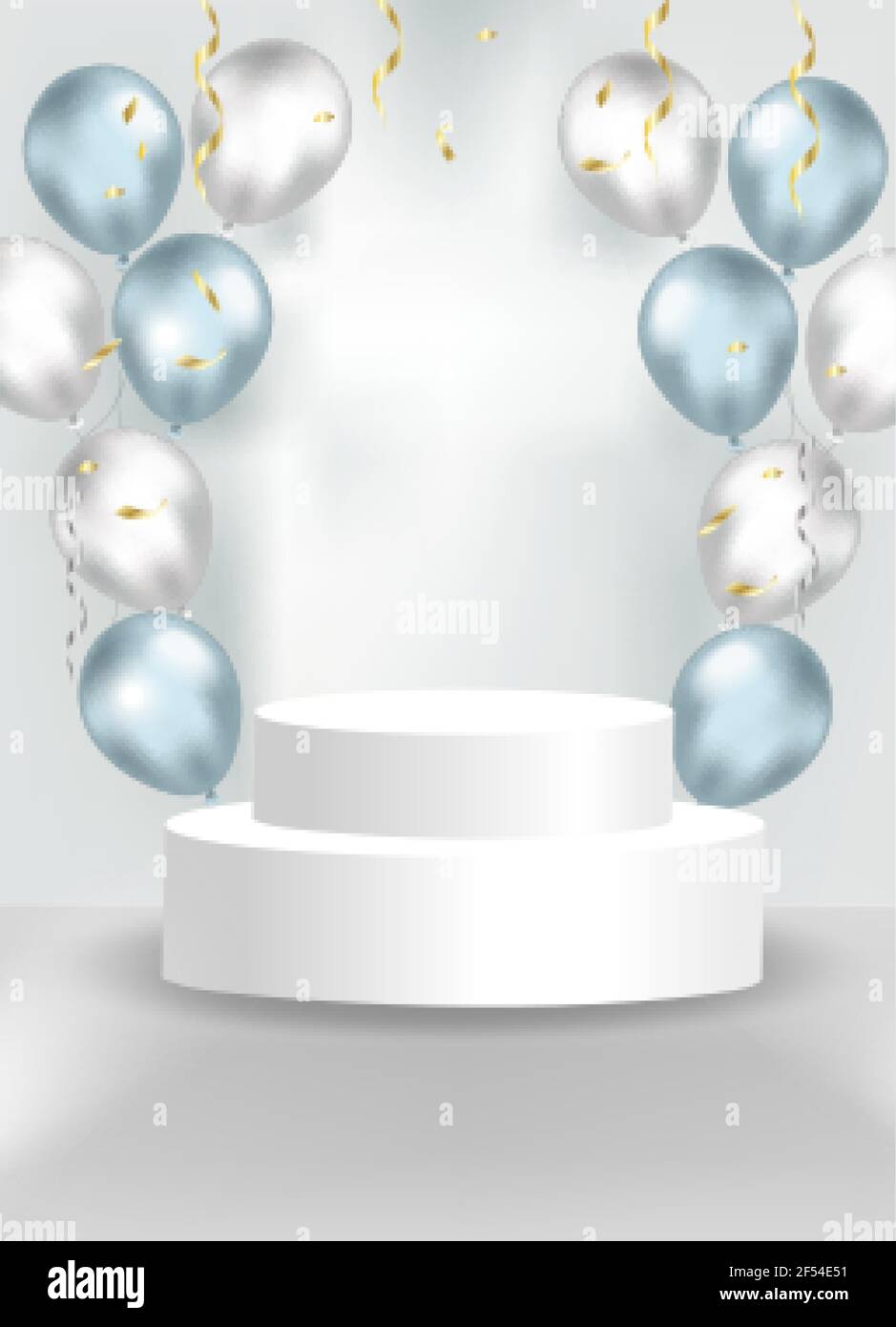 Runder Sockel mit Ballons und Konfetti. Szene Podium realistisch 3D Stil. Leere Plattform für Designpräsentation. Vektorgrafik Stock Vektor