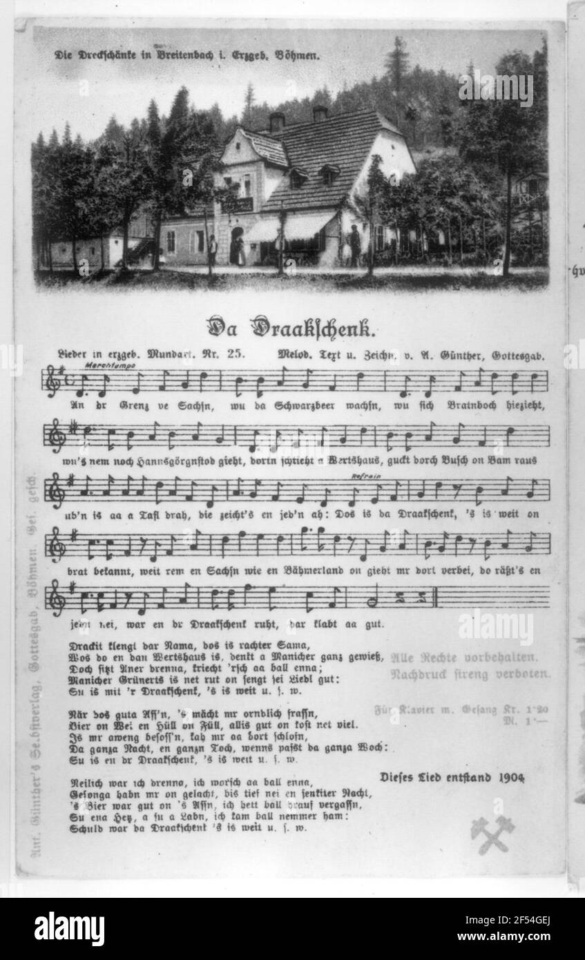 Liedpostkarte 'Da Draakschenk'. Text, Melodie und Zeichnung 'der Schmutz in Breitenbach I. Areng. Böhmen.“ Von Anton Günther in Eigenveröffentlichung, Gott 1904 Stockfoto