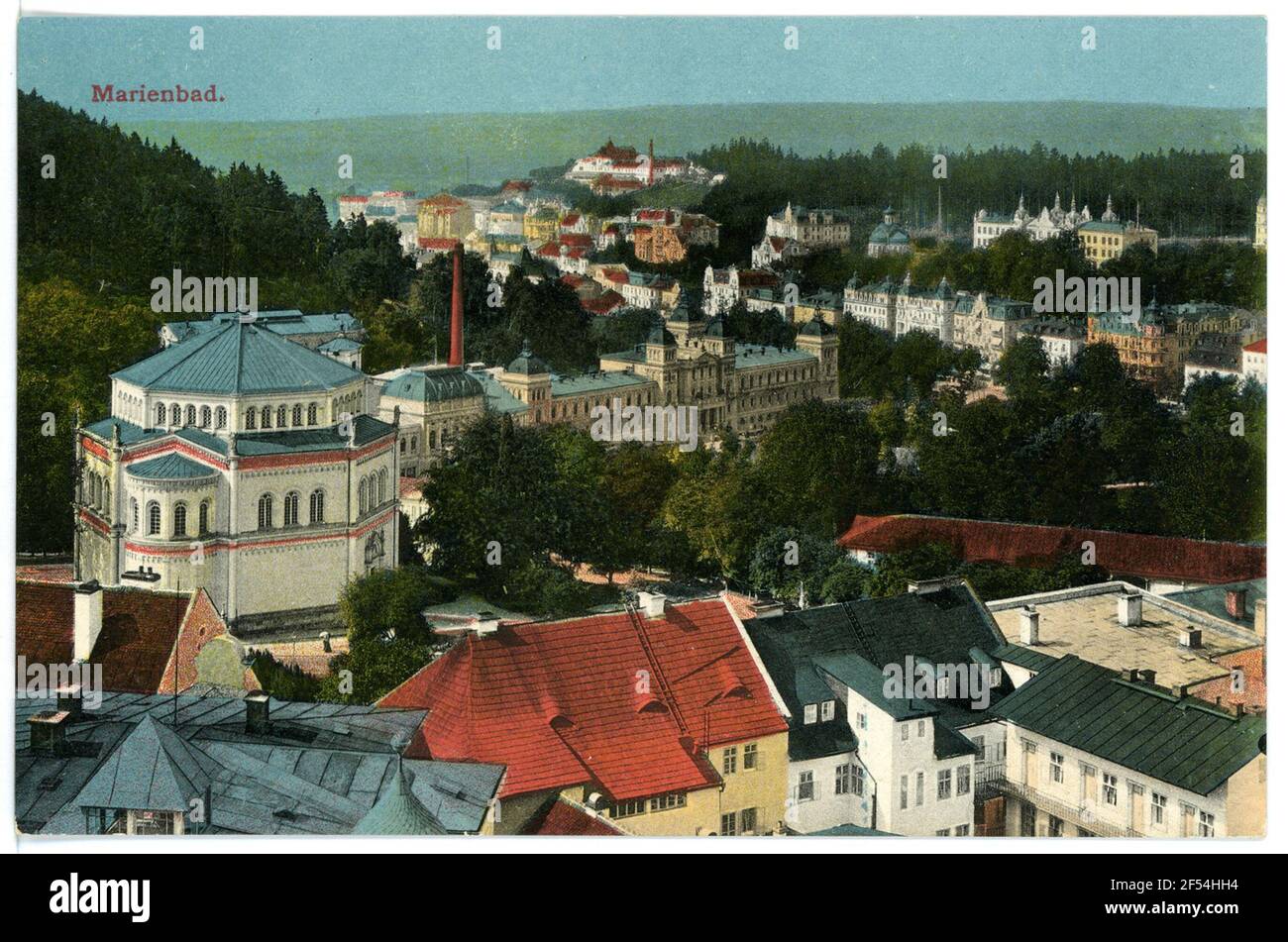 Blick auf Marienbad Marienbad. Blick über den Goetheplatz mit der katholischen Kirche Stockfoto