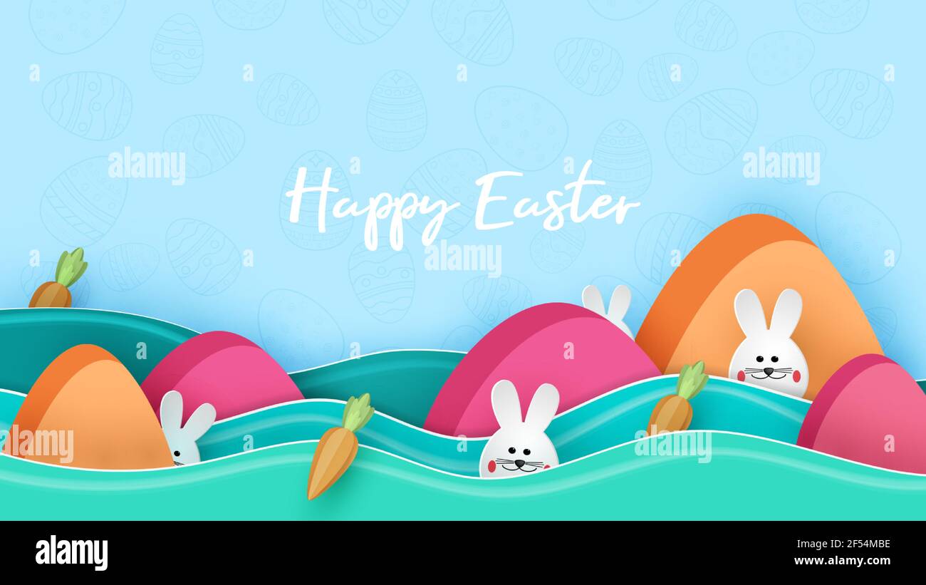 Frohes osterfest im Papierkunststil mit Hase und Eier Vektor Illustration.Osterjagd Stock Vektor
