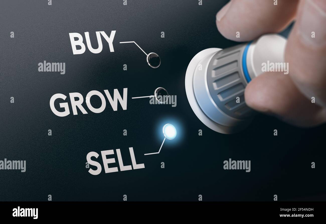 Hand drehen einen Knopf, um zu kaufen, zu wachsen oder zu verkaufen. Konzept des Einkaufs, der Entwicklung und des Verkaufs von Geschäften. Zusammengesetztes Bild zwischen einer Handfotografie und einem Stockfoto