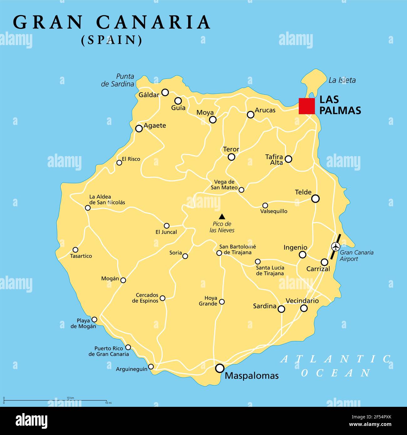 Politische Landkarte von Gran Canaria mit der Hauptstadt Las Palmas. Grand Canary Island, Teil von Spanien, zweitbevölkerungsreichste Insel der Kanarischen Inseln. Stockfoto