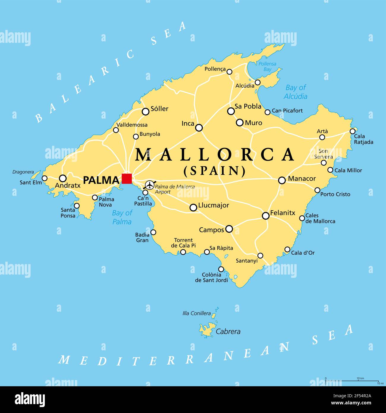 Mallorca politische Karte, mit Hauptstadt Palma und wichtigen Städten. Mallorca, größte Insel der autonomen Gemeinschaft der Balearen, Spanien. Stockfoto