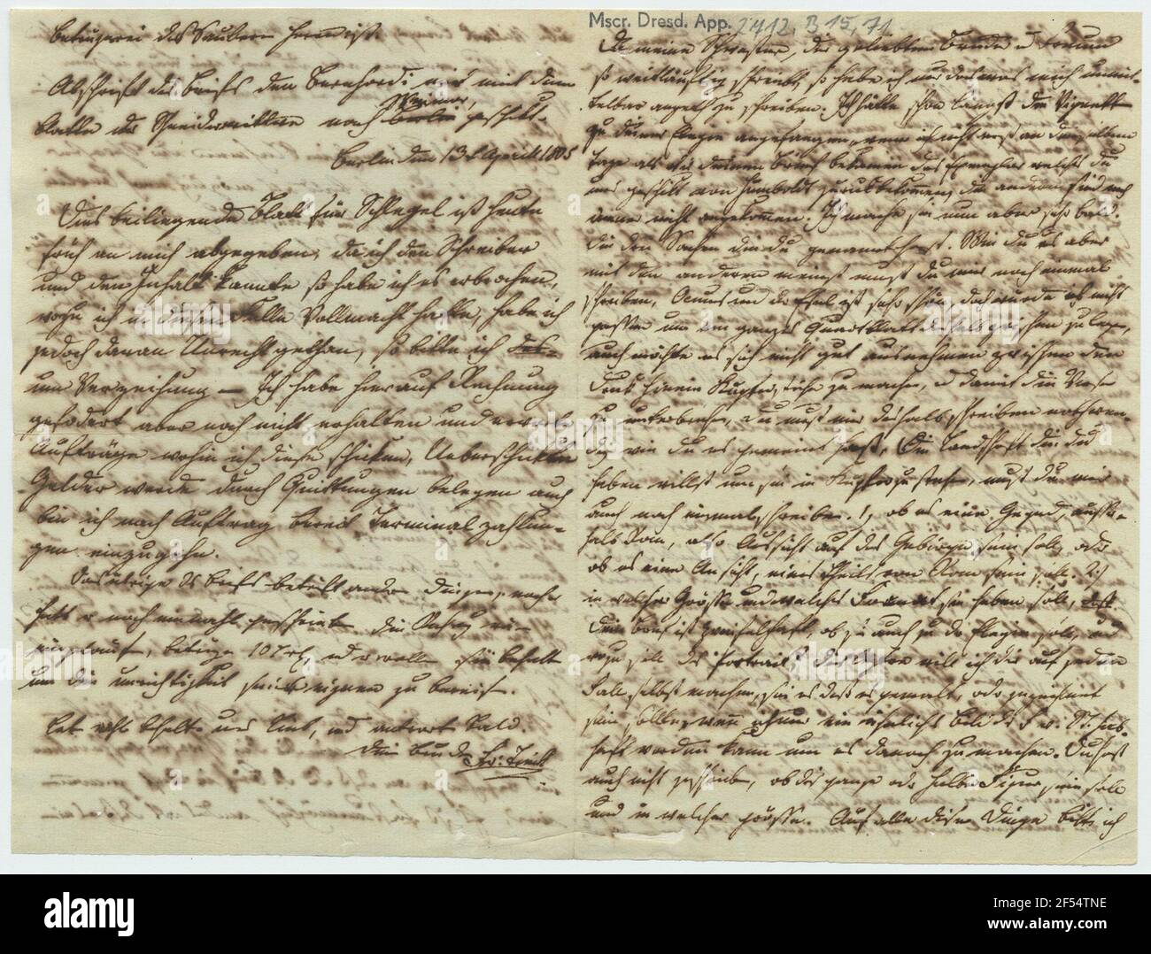 Brief von Friedrich Teck an August Wilhelm Schlegel, vorne und hinten Stockfoto