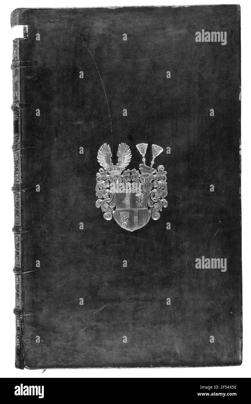 Einband mit Wappen der Familie Bünau. Superexlibris aus der Bibliothek des Grafen Heinrich von Bünau. Kalbsleder, Prägedruck, vergoldet; 42,3 x 26 cm, 1731. Dresden: Slub thol.cath.b.133, Frontabdeckung Stockfoto