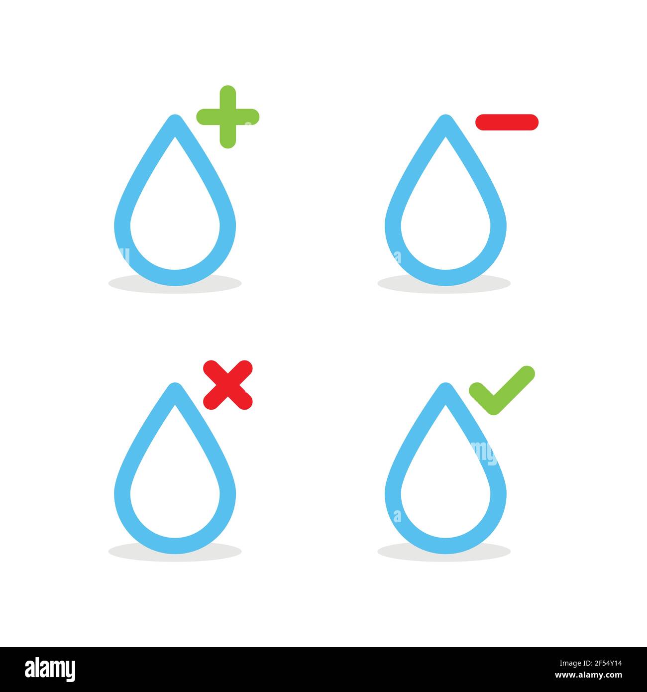 Set: Wassertropfen mit Plus-, Minus-, Tick- und Kreuzsymbolen. Vektor-Illustration, flaches Design Stock Vektor