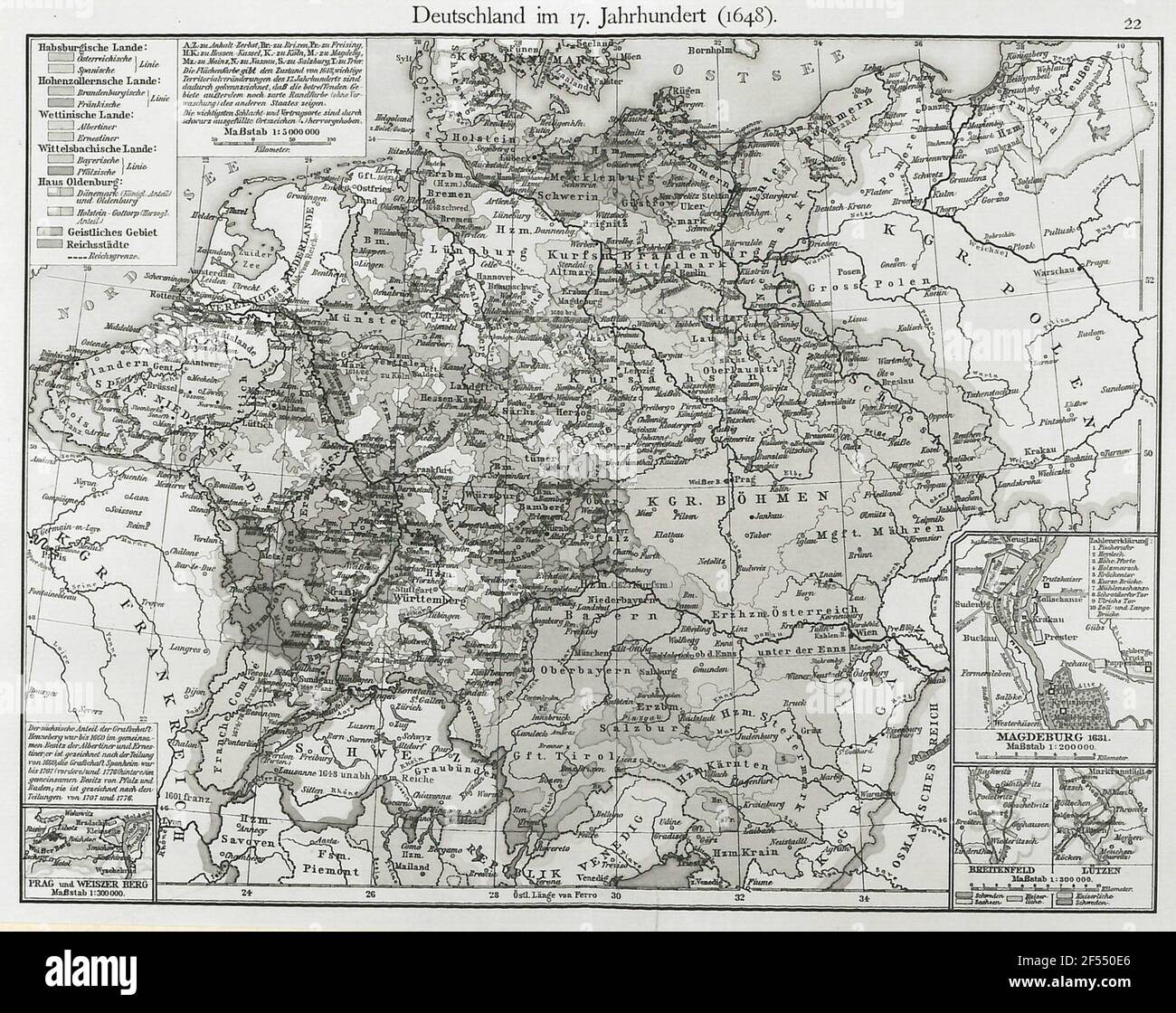 Deutschland im 17th. Jahrhundert (1648). Maßstab 1:5000000. Karte 22 aus: F. W. Putzgers Historischer Schulatlas: Zur alten, mittleren und neuen Geschichte. Herausgegeben von Alfred Baldamus und Ernst Schwabe. Mehrfarbiger Druck. Bielefeld und Leipzig: Velhagen & Klasing, 1904 (Ausgabe 28th) Stockfoto