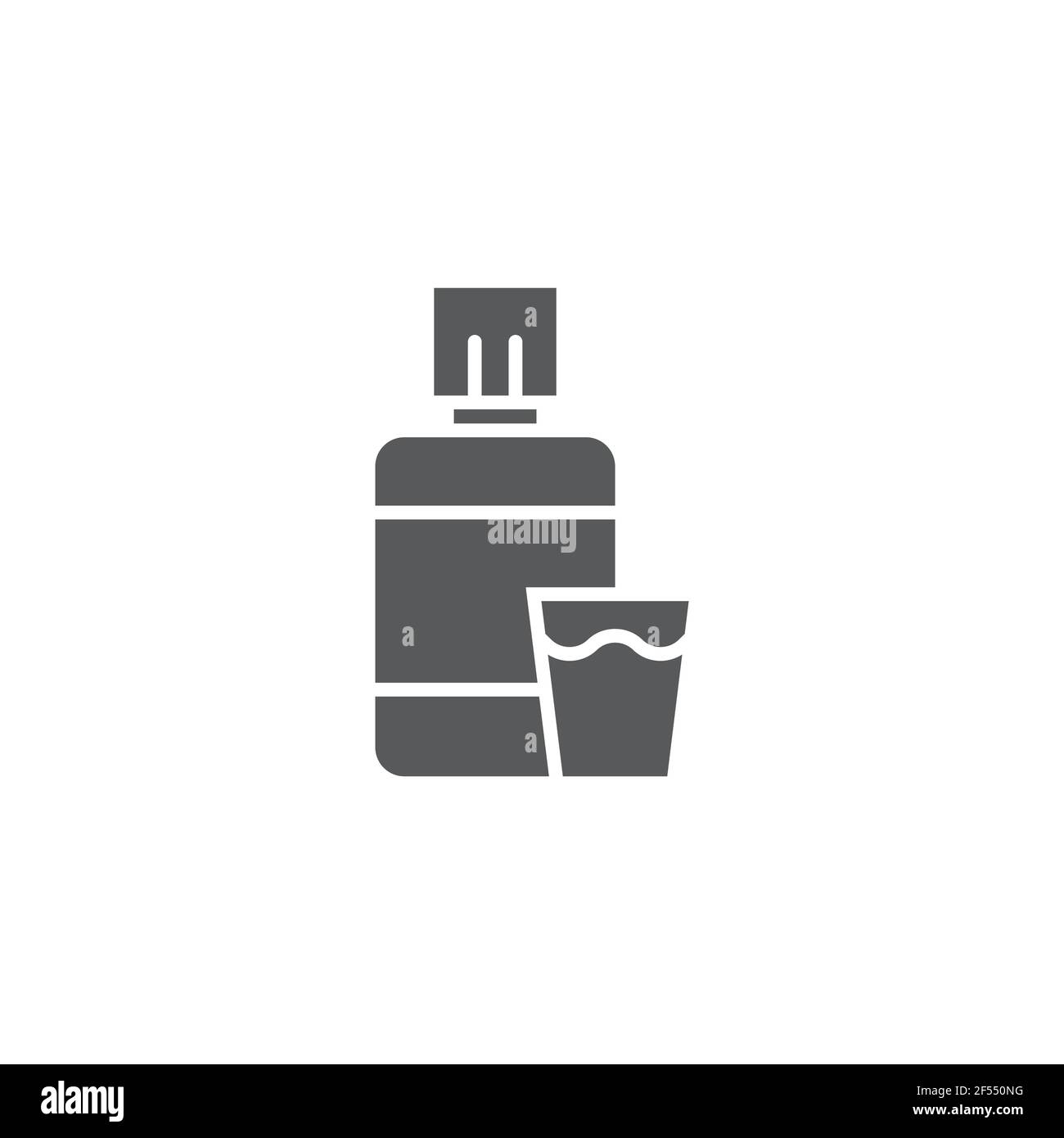 Mundwasser-Plastikflasche und Glassymbol isoliert auf weißem Hintergrund. Flüssigkeit zum Spülen des Mundes. Oralcare-Ausrüstung. Symbole bunt einstellen. Vektordarstellung Stock Vektor