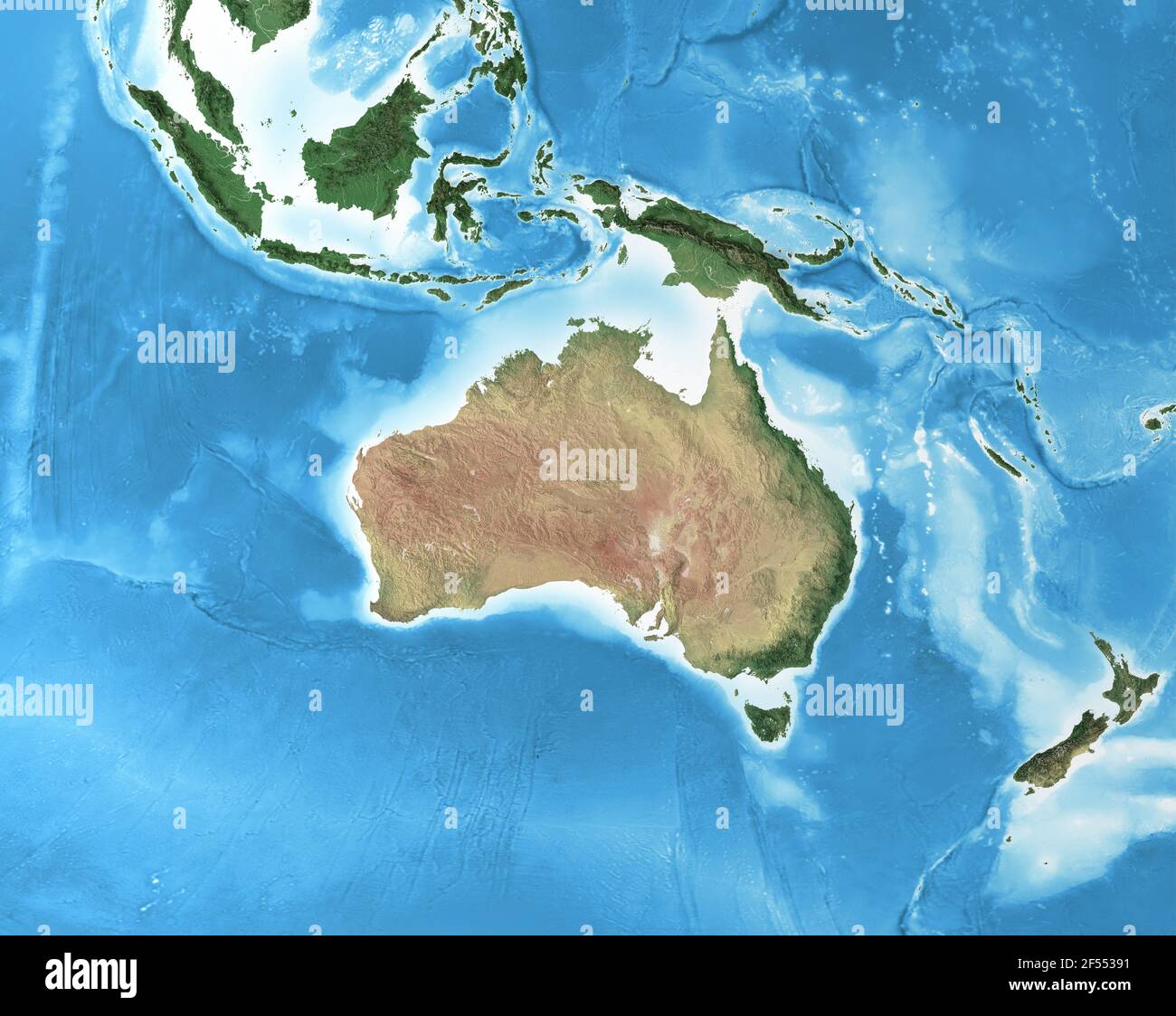 Physische Karte von Australien, mit hochauflösenden Details. Abgeflachte Satellitenansicht des Planeten Erde und seiner Geographie - von der NASA eingerichtete Elemente Stockfoto