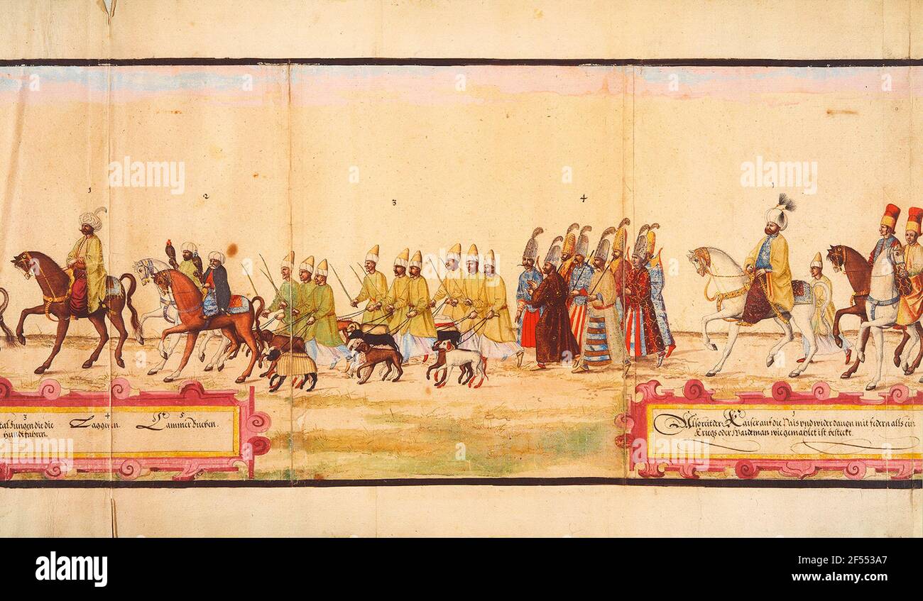 Kaiserliche Jagdgesellschaft, Stall Jungen führenden Hunden, lacaia, der Kaiser. Blatt 7 der Bildsequenz über die Bräuche der Türken von Zacharias Wehhe, 1581-1582 (Kopie eines zeitgenössischen Originals von Konstantinopel). Tinte, Wasser und Deckfarben, z. T. Silber und Gold Habit; 32,1 x 181,4 cm. Dresden: Slub mscr.dresd.j,2.a Stockfoto