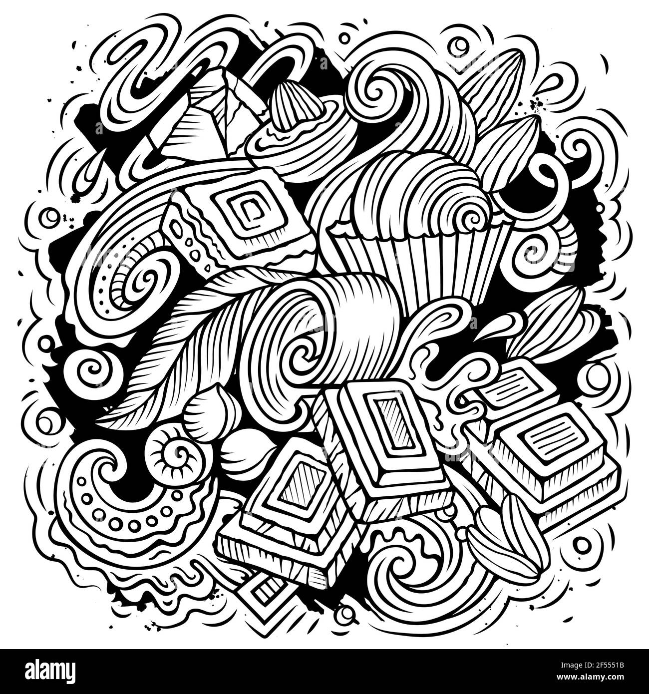 Schokolade handgezeichnete Vektor-Doodles Illustration. Schoko-Poster-Design. Süße Elemente und Objekte Cartoon Hintergrund. Linie Kunst lustige Bild Stock Vektor