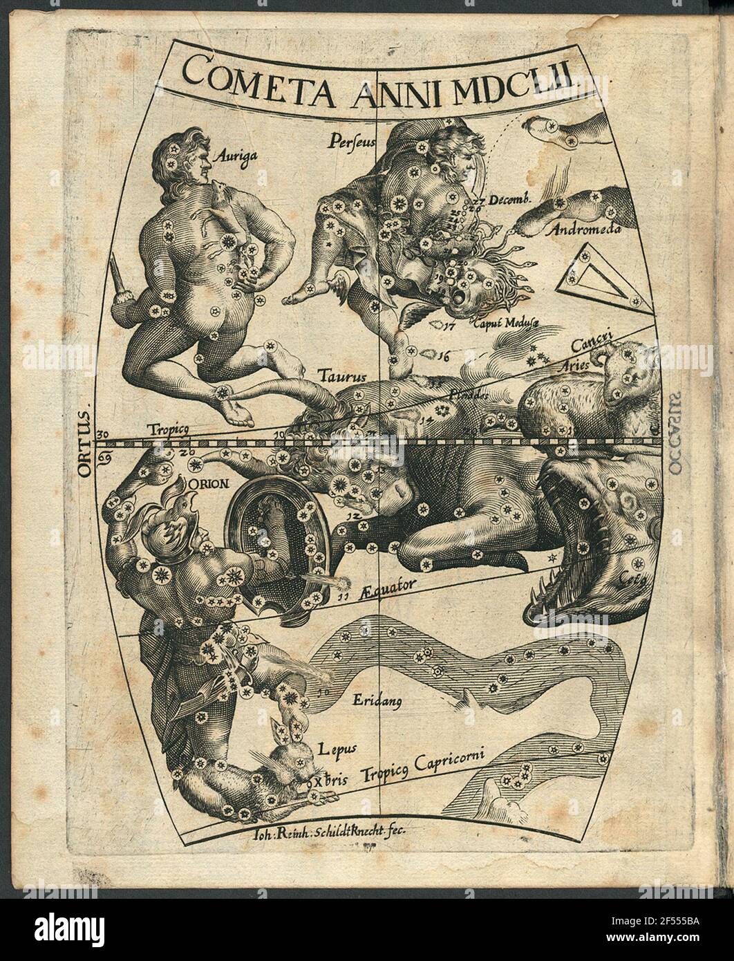 Praktischer Spiegel ('Cometa Anni Mdclii') 1652. FrontSP. Aus: Weigel, Erhard: Speculum Uranicum Aquilae Romanae Sacrum, das ist himmlischer Spiegel / inhärent in jenen gewöhnlichen, auch die ungewöhnlichen Phänomene des Himmels mit entsprechenden Zitaten, aber vor allem der Komet in der Rühren des Adlers YoungShin geschaffen; Sidelead eine neue Himmelskarte unter dem Adler des H. Römischen Reiches wird angezeigt. 1661. Dresden: Slub Astron,442 Stockfoto