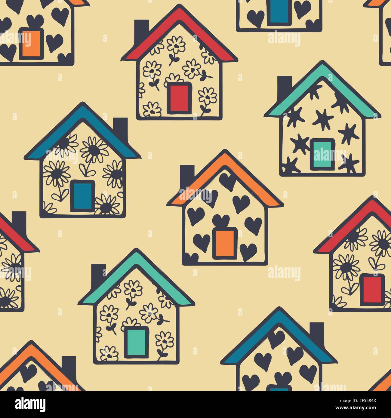 Nahtloses Vektor-Muster mit mehrfarbigen Häusern auf hellorangefarbenem Hintergrund. Künstlerische Familie zu Hause Tapete Design. Pastellfarbe Mode Textil. Stock Vektor
