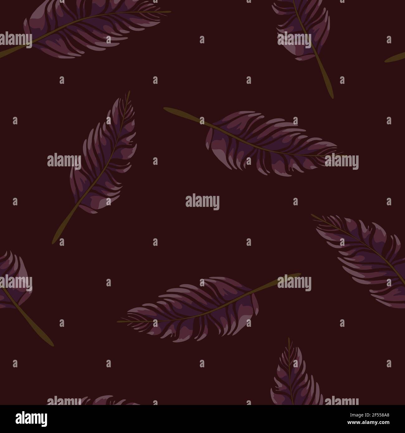 Nahtloses Vektor-Muster mit weichen Federn auf dunkelviolettem Hintergrund. Schöne sanfte Tapete Design. Stock Vektor