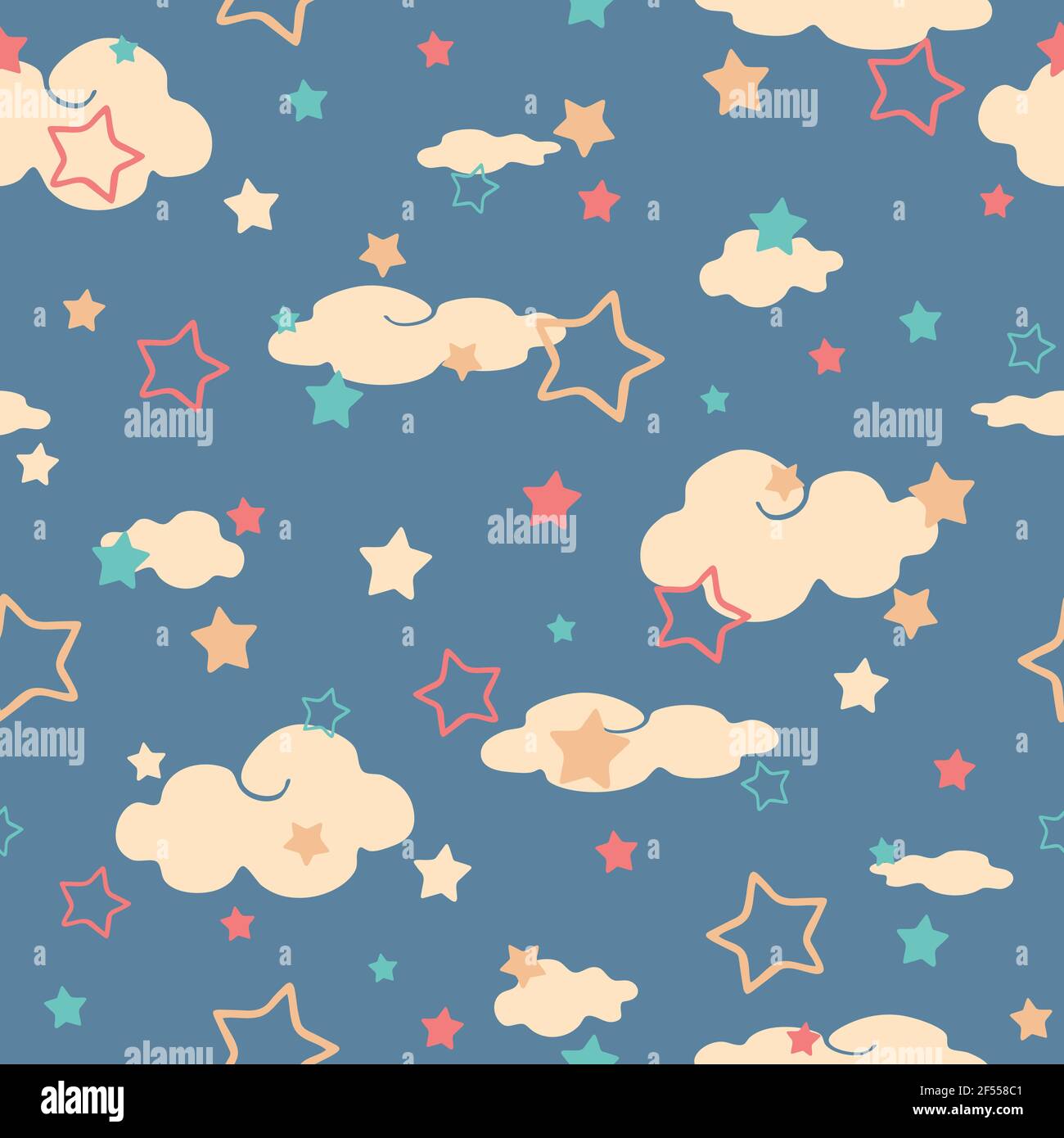 Nahtloser Vektor-Patter mit Sternen und Wolken auf blauem Hintergrund. Kinder Tapete Design für Schlafzimmer. Einfache Baumschule Mode Textil. Stock Vektor