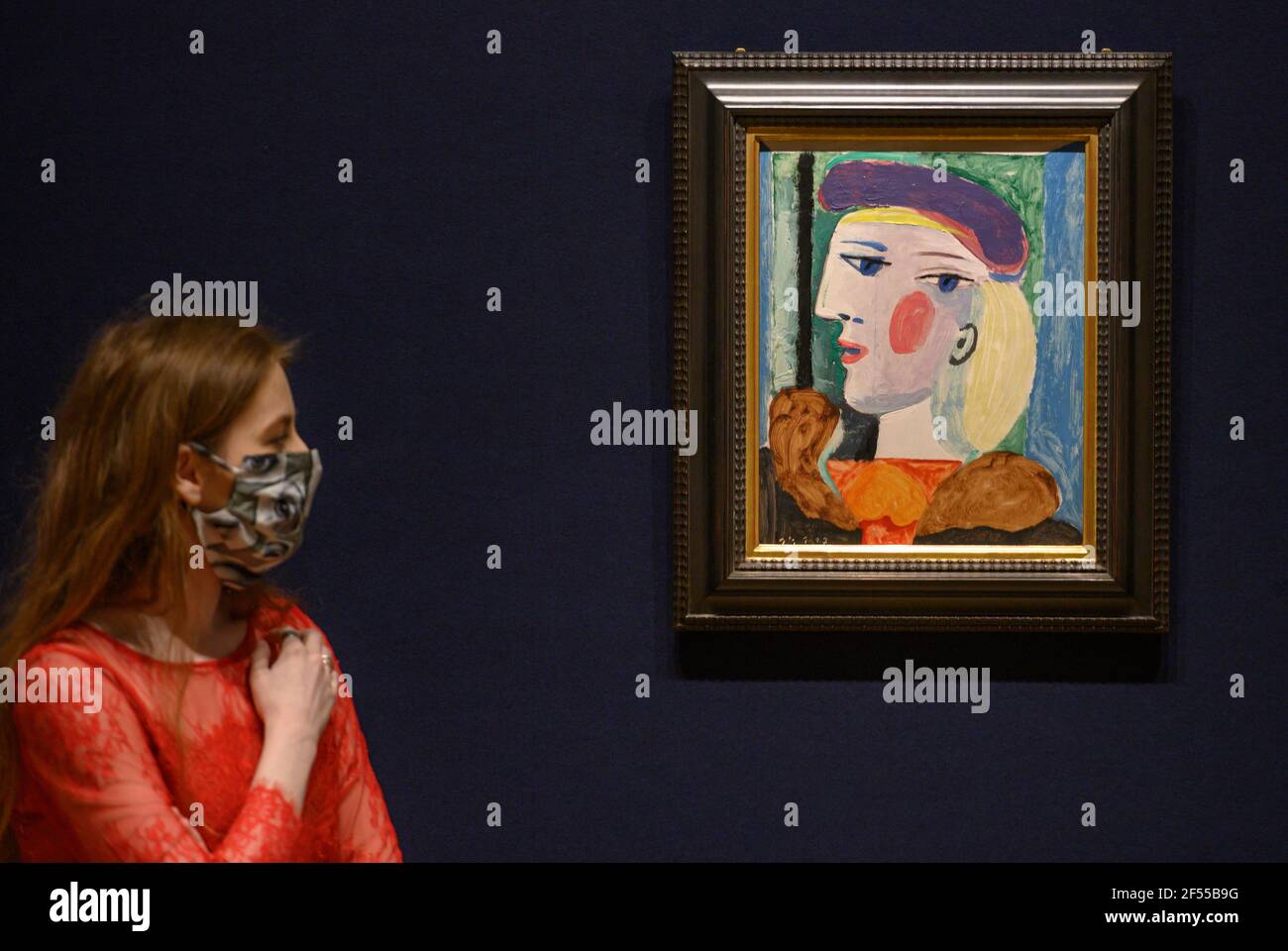 Bonhams, London, Großbritannien. 24. März 2021. Ein großes Picasso-Porträt, das fast 40 Jahre lang nicht gesehen wurde, Femme au Béret Mauve, Schätzung $10.000.000-15.000.000, wird am Donnerstag, dem 13. Mai, im Bonhams Impressionist and Modern Art Sale in New York zum Verkauf angeboten. Femme au Béret Mauve, gemalt 1937, eines der fruchtbarsten Jahre des Künstlers, in dem er auch Guernica produzierte. Es ist eine von mehreren Darstellungen von Marie-Thérèse Walter gemalt in Le Tremblay-sur-Mauldre. Quelle: Malcolm Park/Alamy Live News Stockfoto