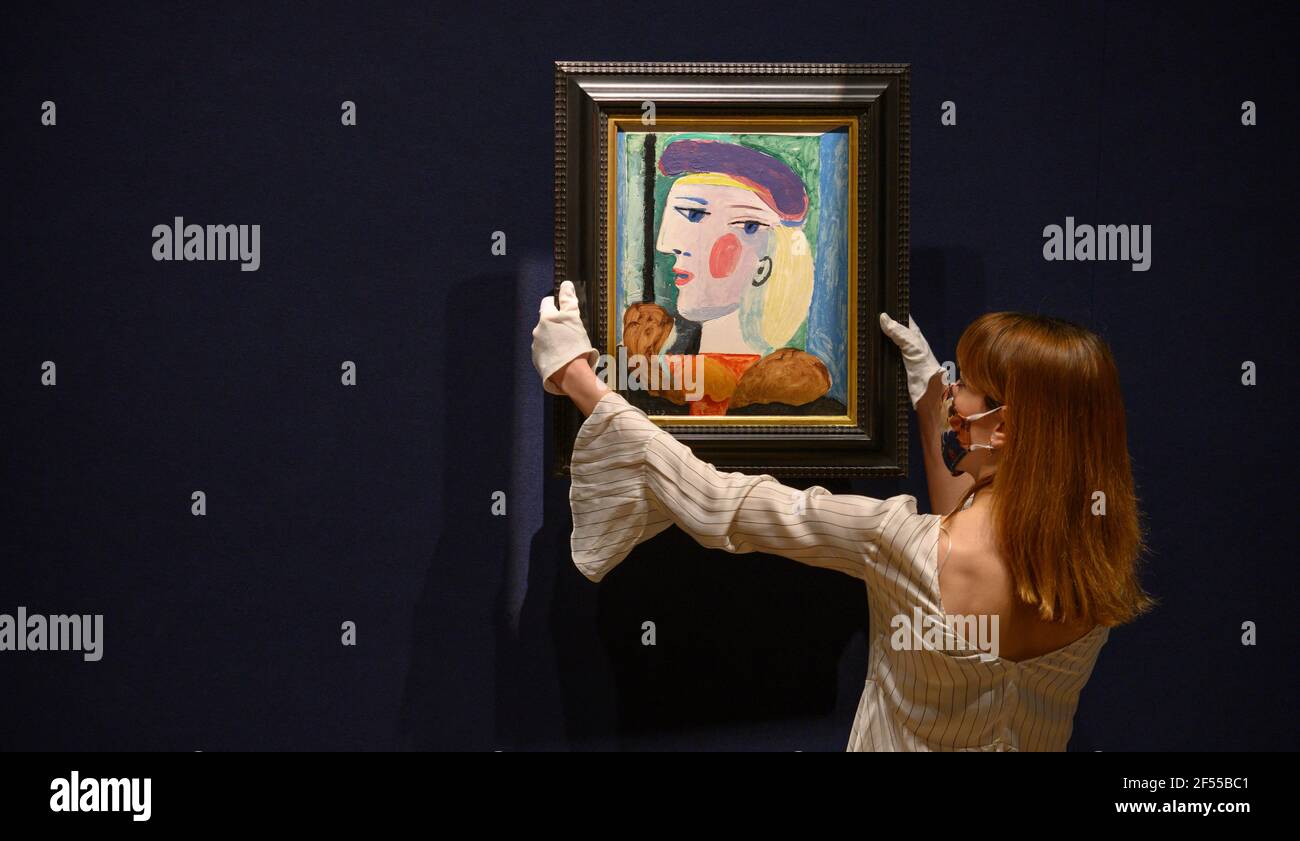 Bonhams, London, Großbritannien. 24. März 2021. Ein großes Picasso-Porträt, das fast 40 Jahre lang nicht gesehen wurde, Femme au Béret Mauve, Schätzung $10.000.000-15.000.000, wird am Donnerstag, dem 13. Mai, im Bonhams Impressionist and Modern Art Sale in New York zum Verkauf angeboten. Femme au Béret Mauve, gemalt 1937, eines der fruchtbarsten Jahre des Künstlers, in dem er auch Guernica produzierte. Es ist eine von mehreren Darstellungen von Marie-Thérèse Walter gemalt in Le Tremblay-sur-Mauldre. Quelle: Malcolm Park/Alamy Live News Stockfoto