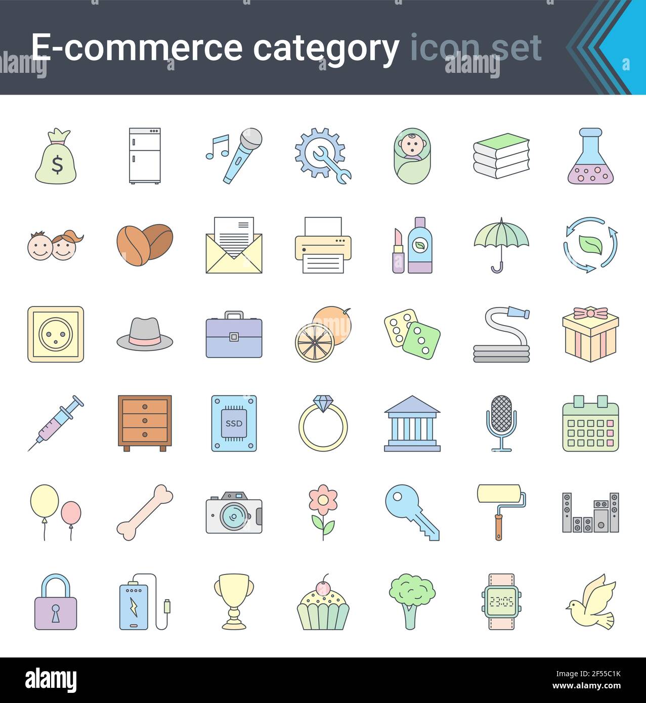 Symbole für die Gliederung der Shop-Kategorie festgelegt. Shopping und E-Commerce dünne Linie bunte Symbole Stock Vektor