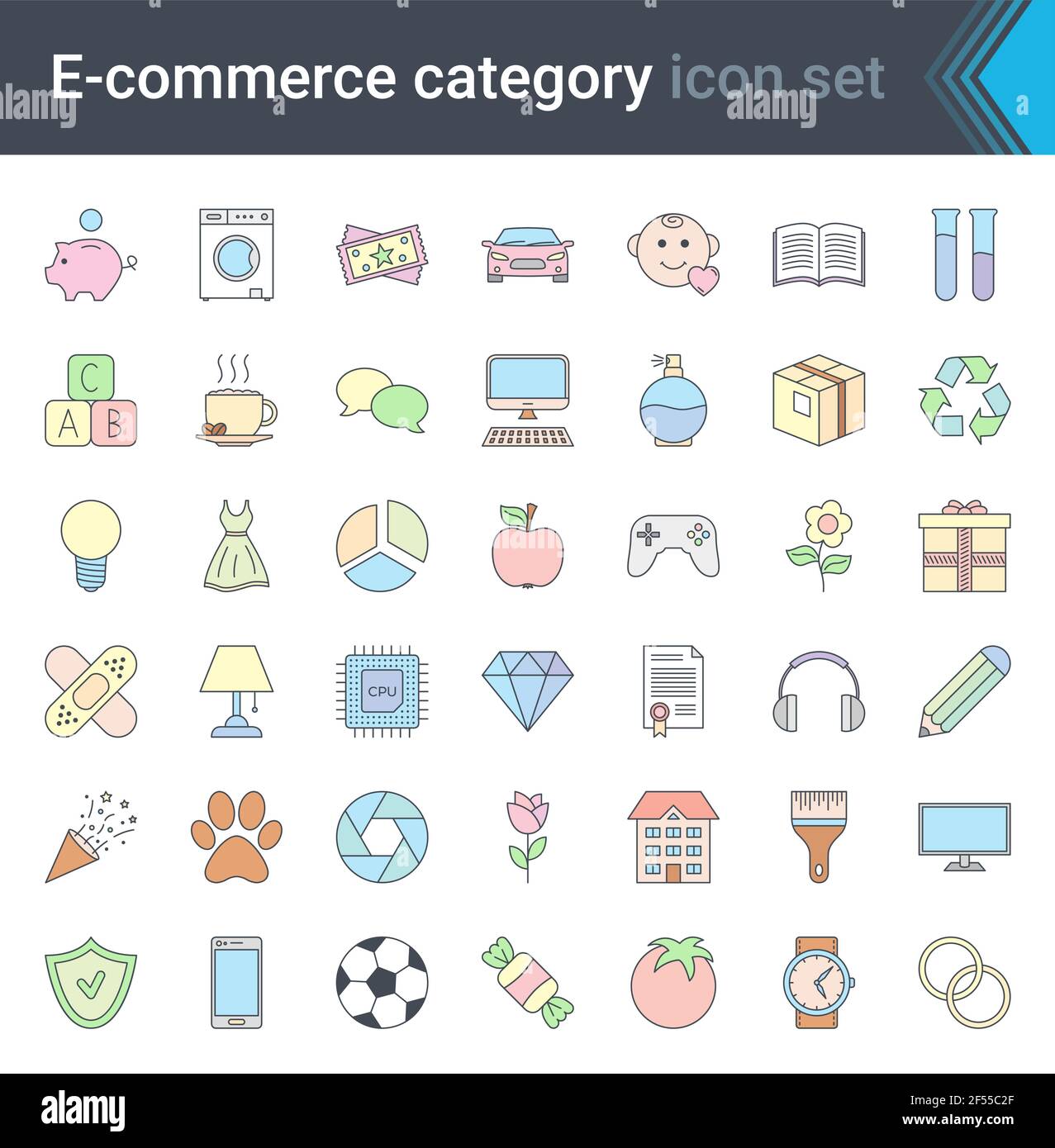 Online-Shopping und E-Commerce-Kategorie lineare bunte Symbole auf weißem Hintergrund isoliert gesetzt. Hochwertige Vektorgrafik Stock Vektor