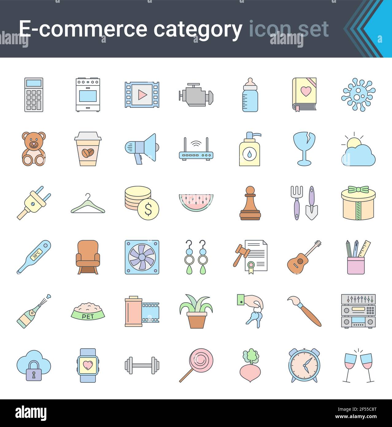 E-Commerce und Online-Shopping Einfache bunte Icon-Set isoliert auf weißem Hintergrund. Hochwertige Vektorgrafik Stock Vektor