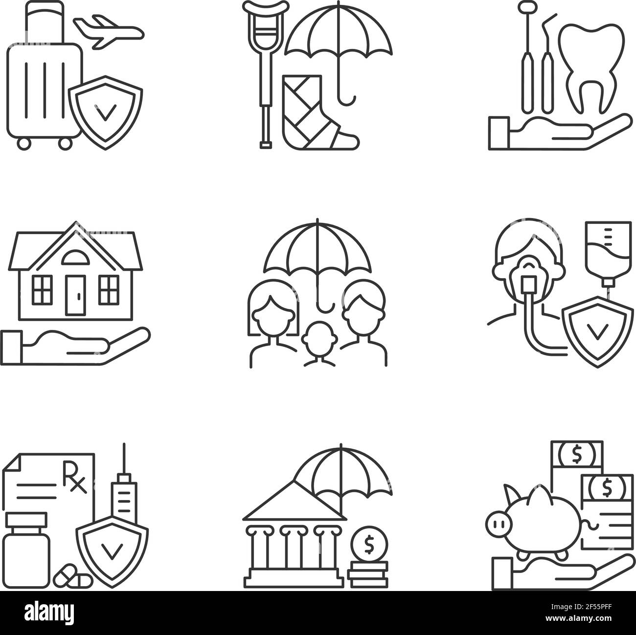 Versicherung und Schutz lineare Symbole gesetzt Stock Vektor