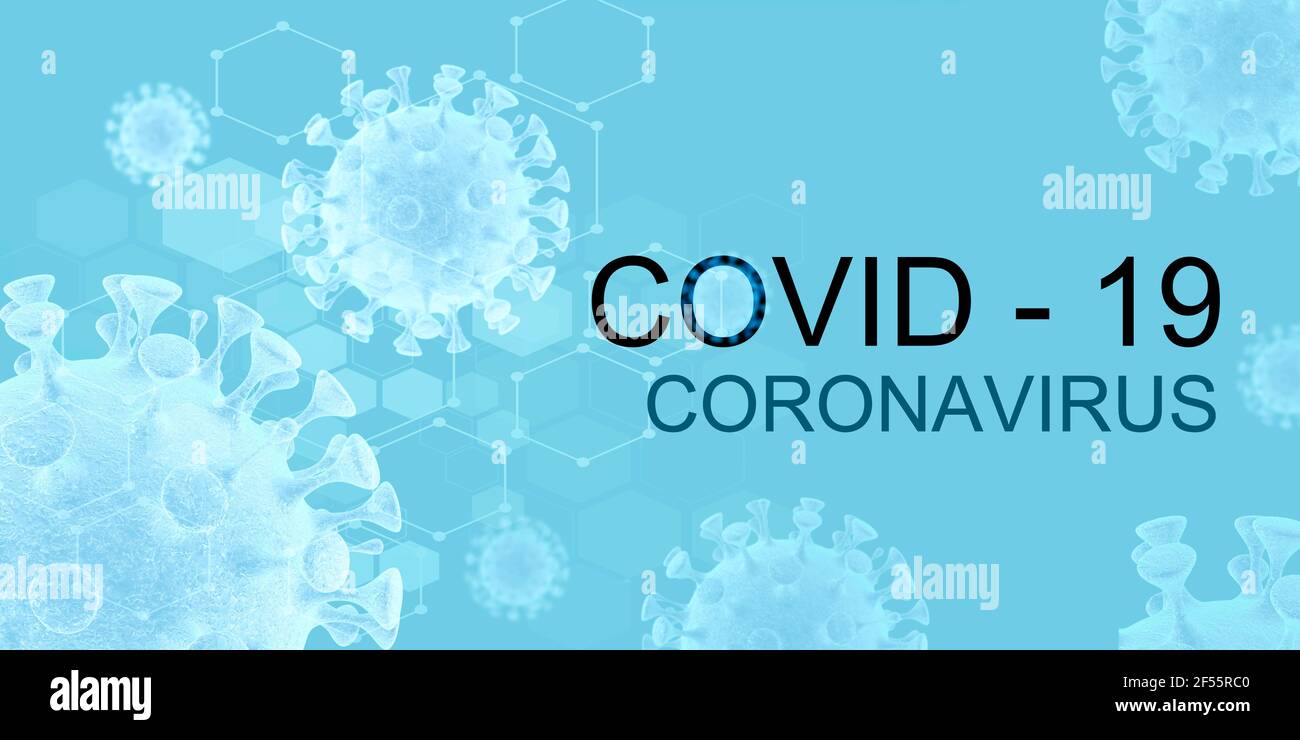 Covid - 19 Coronavirus Text auf hellblauem Hintergrund mit Coronavirus Zellen. Coronavirus 3D Illustration Hintergrund. Stockfoto