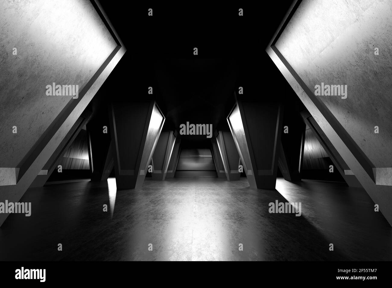 Dreidimensionale Darstellung von Säulenreihen im dunklen Saal Stockfoto