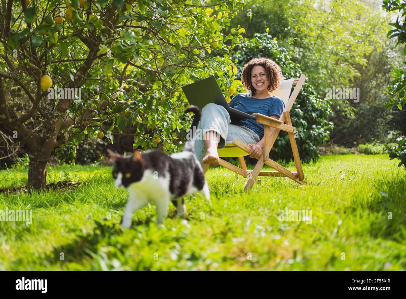 Glückliche Frau mit Laptop, die beim Sitzen auf die Katze schaut Liegestuhl am Zitronenbaum Stockfoto