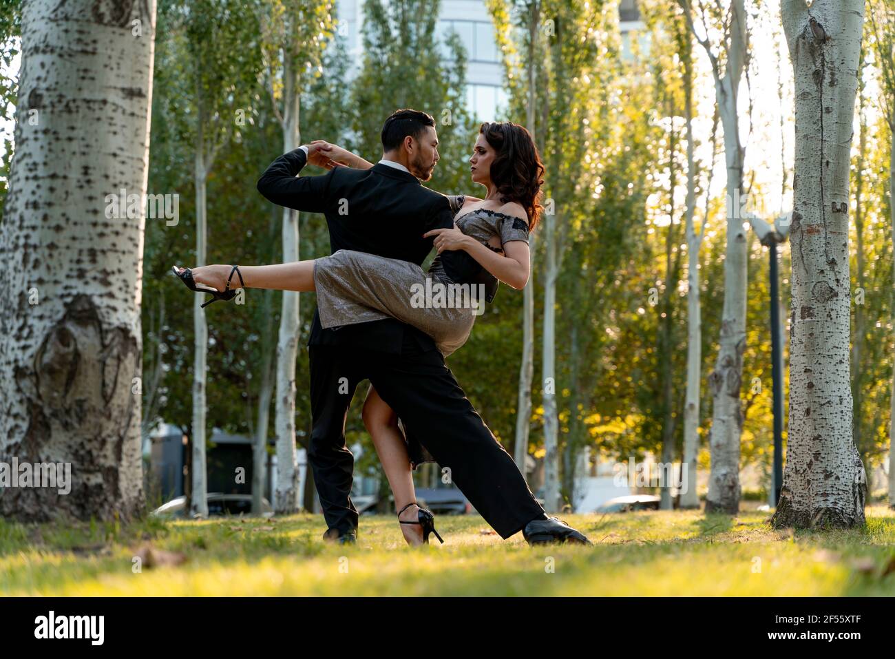 Männliche Tänzerin hebt Frau, während sie Tango-Tanz in der Öffentlichkeit praktiziert parken Sie im Sommer Stockfoto