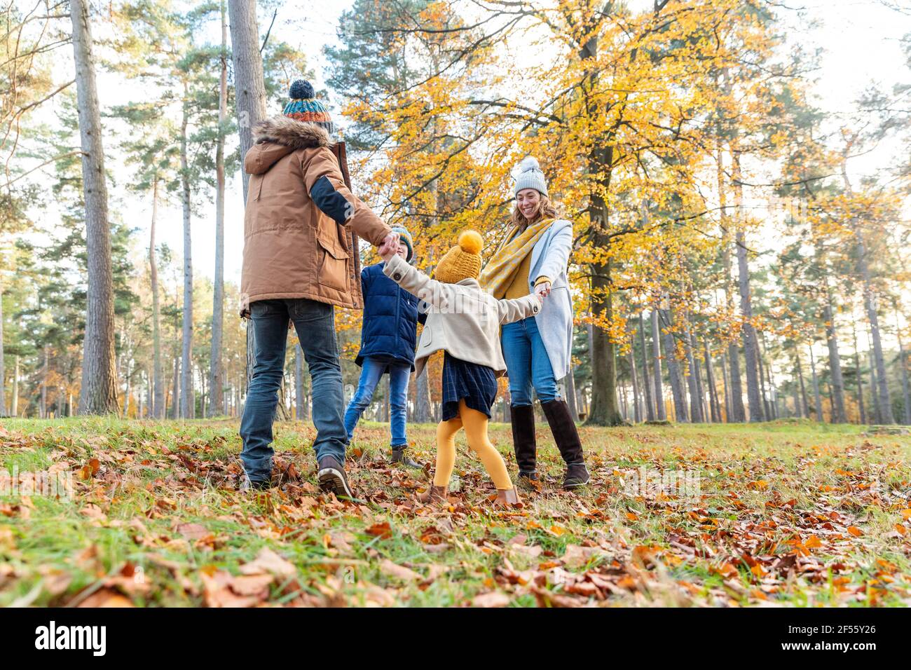 Verspielte Eltern und Kinder halten sich beim Spielen im Wald die Hände Stockfoto