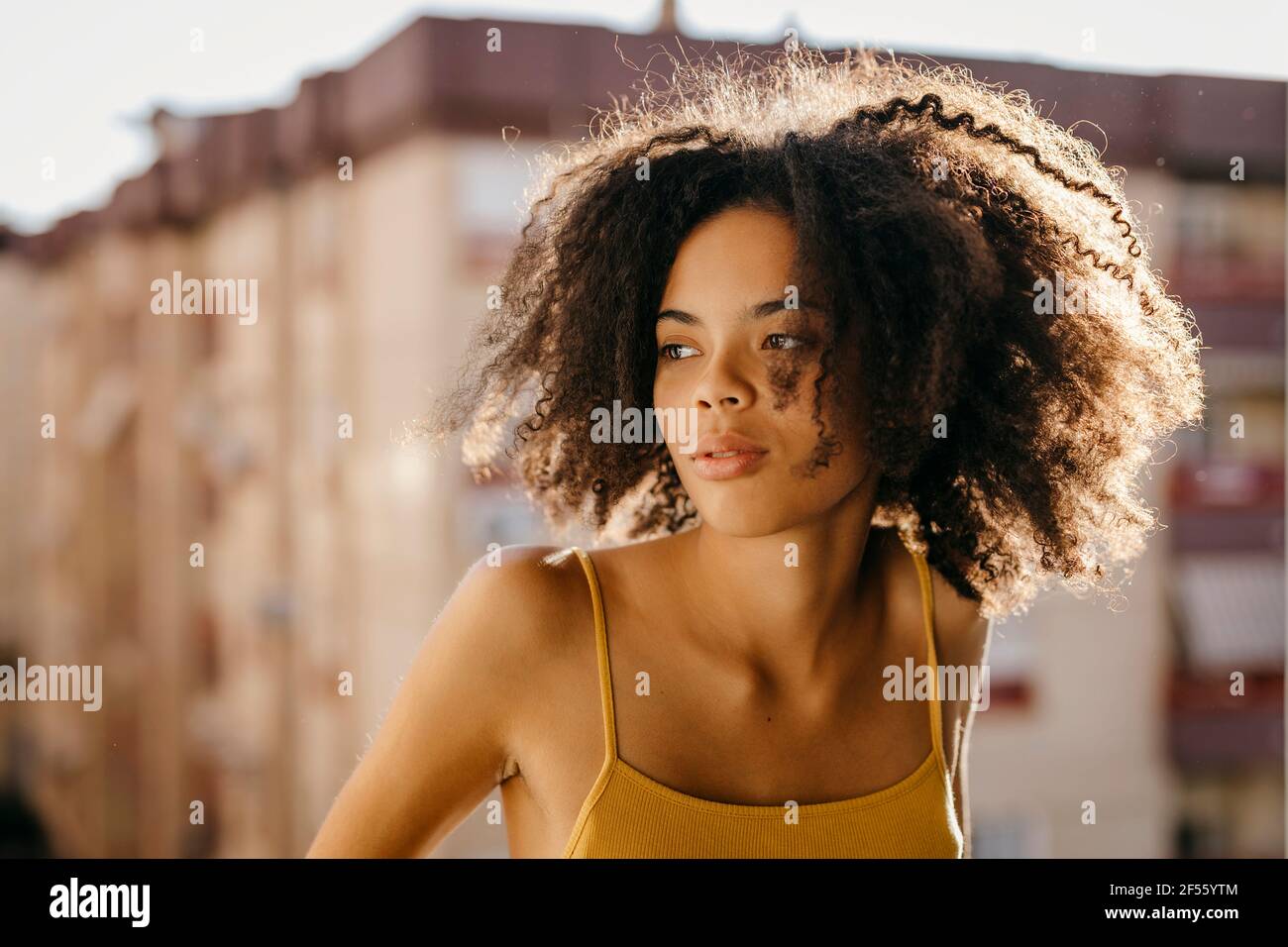 Schöne Frau mit schwarzen krauses Haar wegschauen während sonnigen Tag Stockfoto