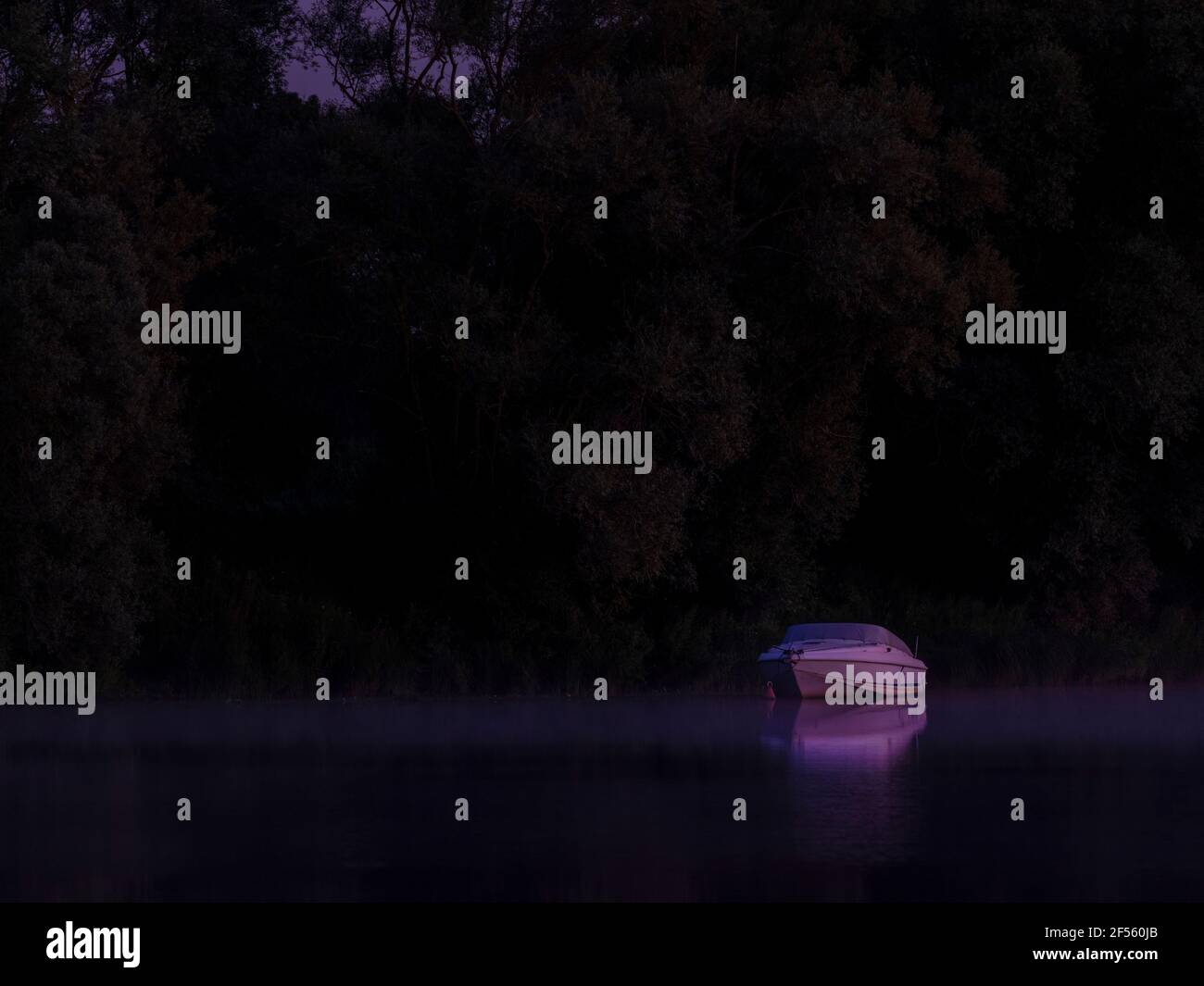 Lone Motorboot schwimmt in Saone Fluss bei lila Nacht Stockfoto