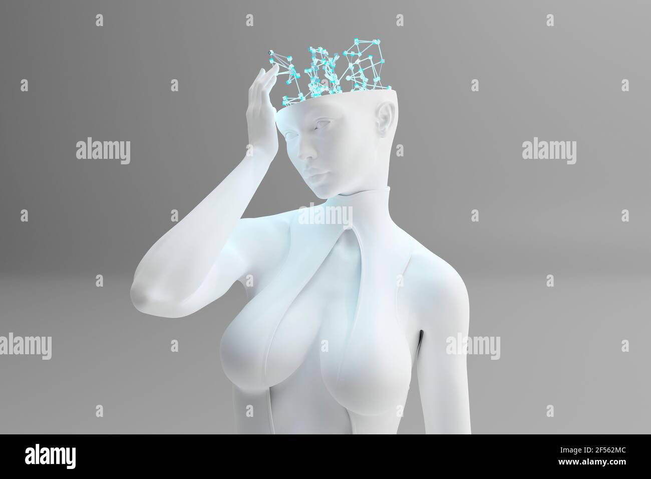 3D-Illustration des weiblichen Charakters mit digitalem Gehirn und Gedanken Prozess, der maschinelles Lernen und künstliche Intelligenz symbolisiert Stockfoto