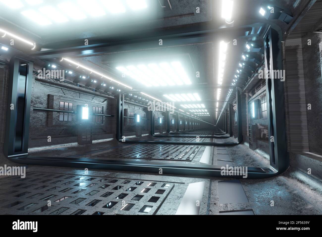 Dreidimensionale Darstellung des futuristischen Korridors im Raumschiff oder in der Raumstation Stockfoto